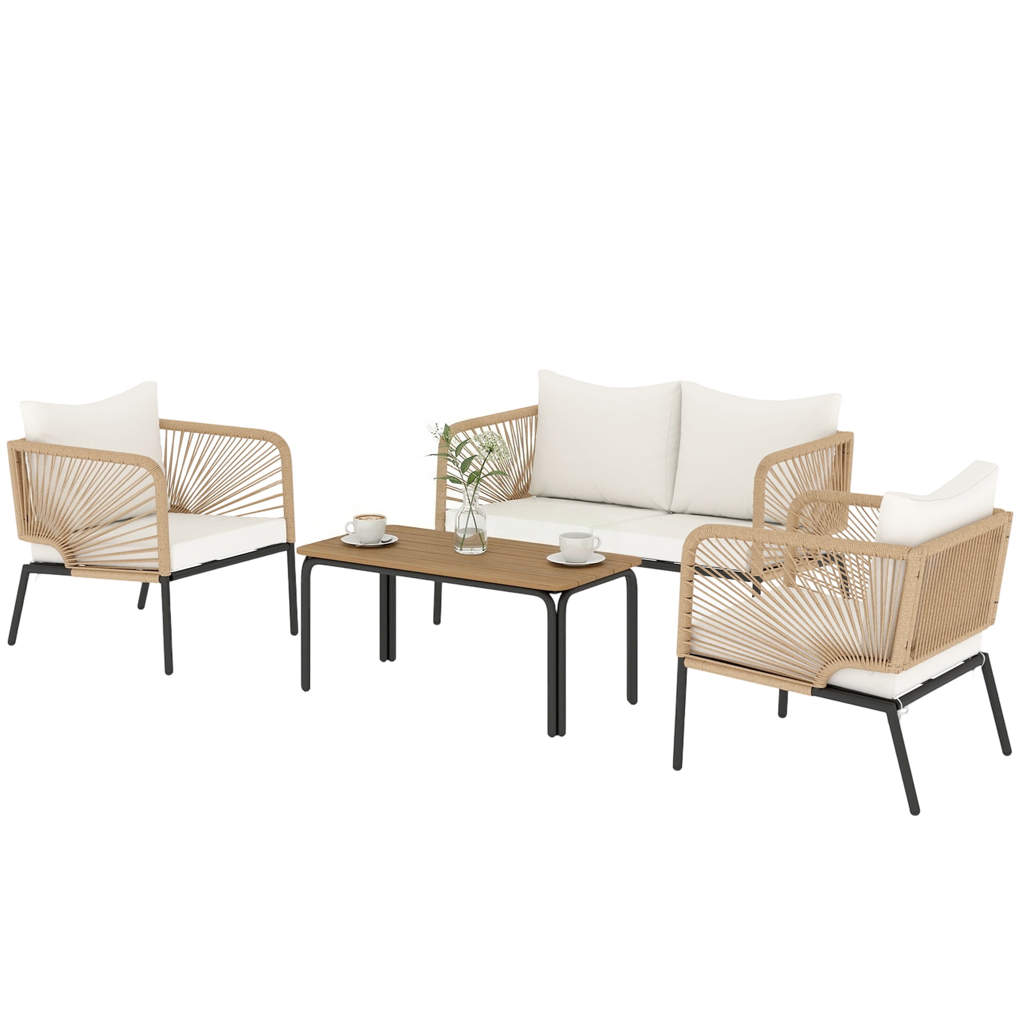 4-Piece Outdoor Patio Set – 2-Seat Sofa, 2 Armchairs & WPC Coffee Table, Rope-Style PE Rattan, Padded Cushions, White