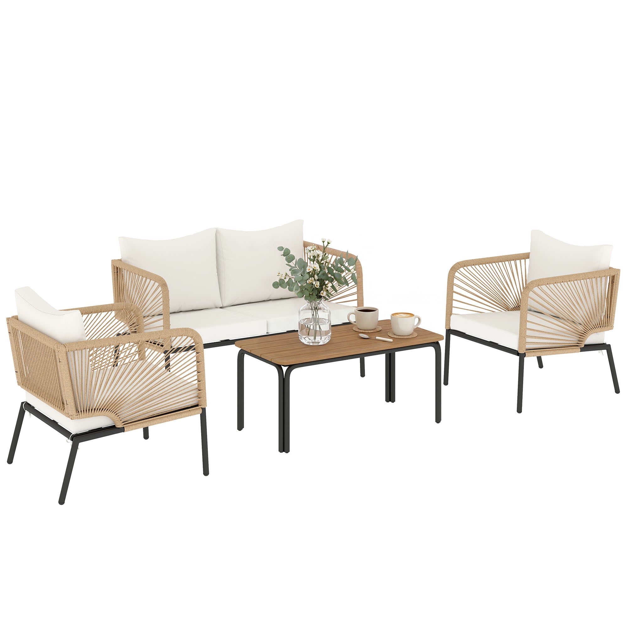 4-Piece Outdoor Patio Set – 2-Seat Sofa, 2 Armchairs & WPC Coffee Table, Rope-Style PE Rattan, Padded Cushions, White