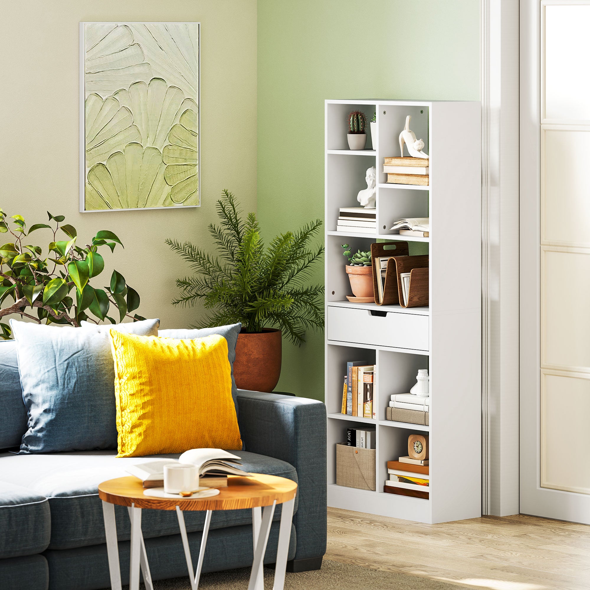 Bookshelf Shelving Unit with 9 Compartments Storage Shelf with Drawer Bookcase Office Shelf for Living Room, Bedroom, Office, White