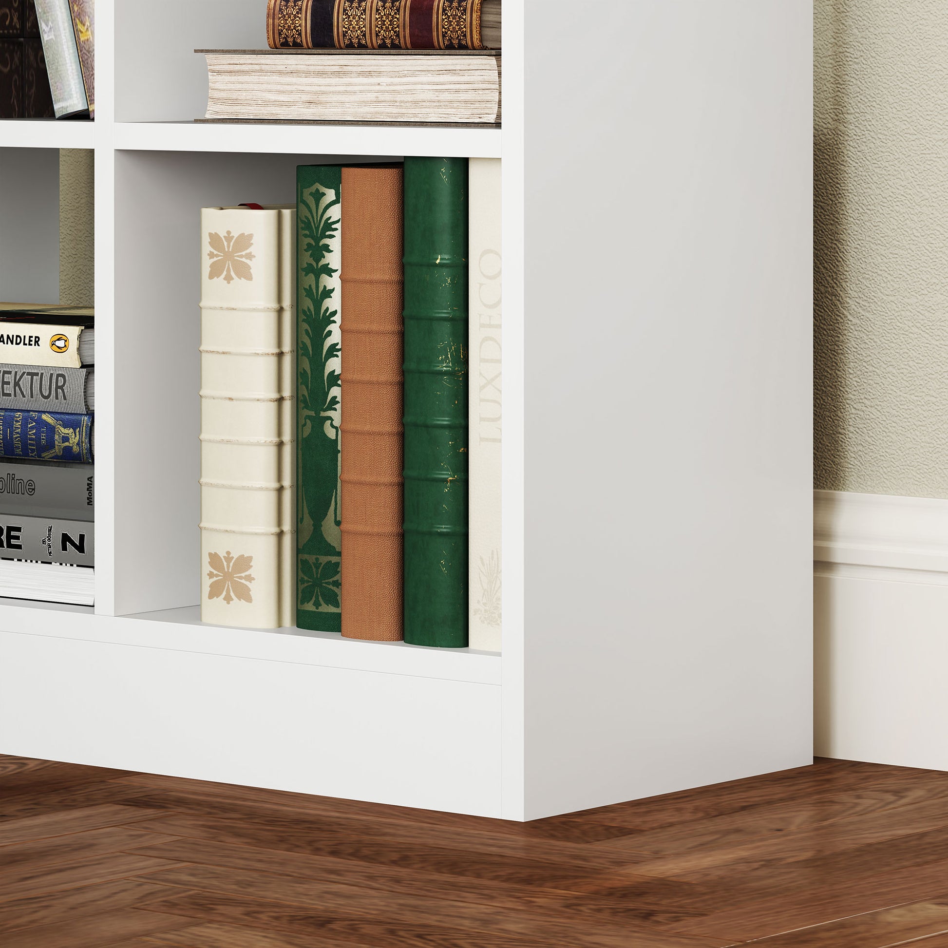 Bookshelf Shelving Unit with 9 Compartments Storage Shelf with Drawer Bookcase Office Shelf for Living Room, Bedroom, Office, White