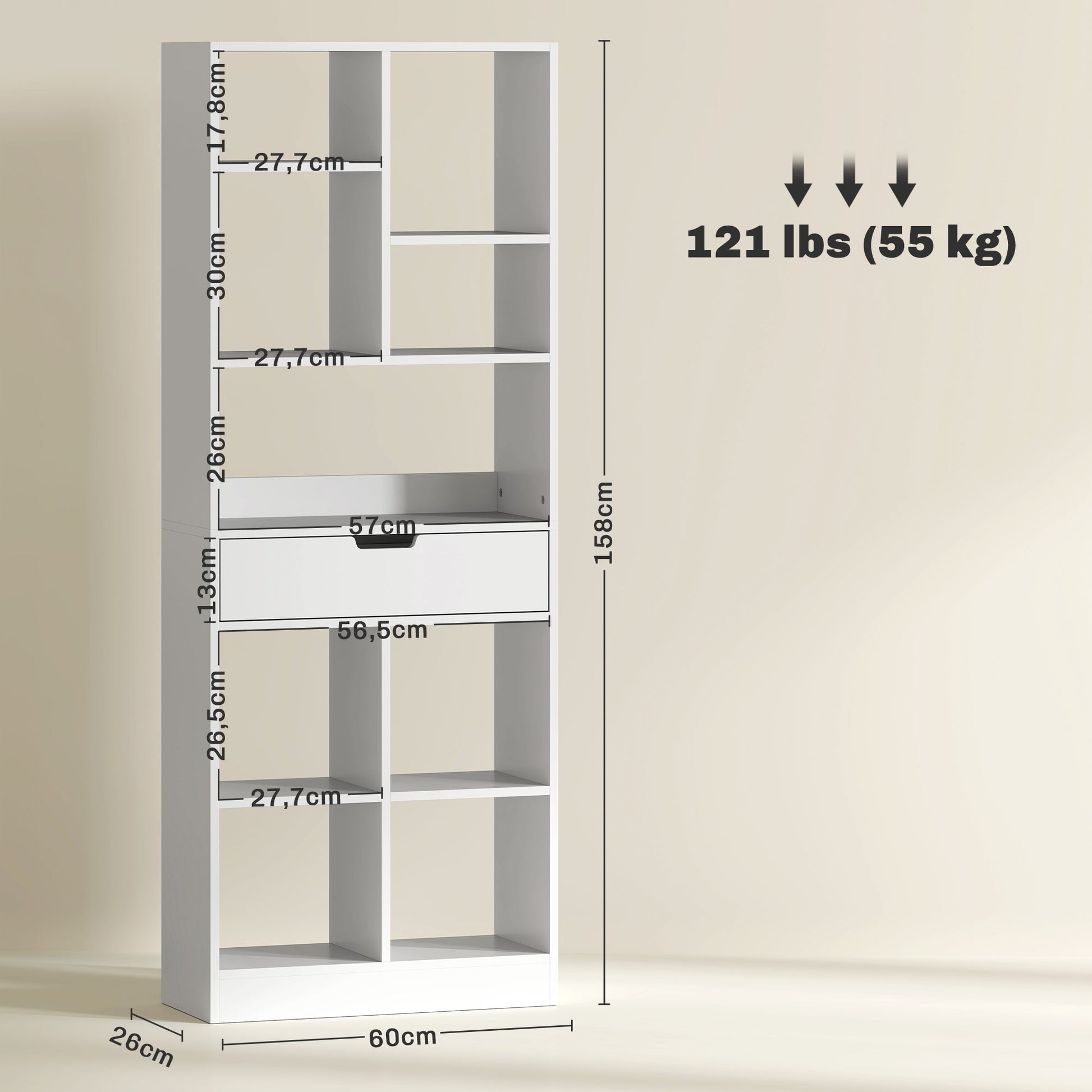 Bookshelf Shelving Unit with 9 Compartments Storage Shelf with Drawer Bookcase Office Shelf for Living Room, Bedroom, Office, White