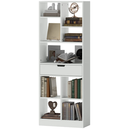 Bookshelf Shelving Unit with 9 Compartments Storage Shelf with Drawer Bookcase Office Shelf for Living Room, Bedroom, Office, White