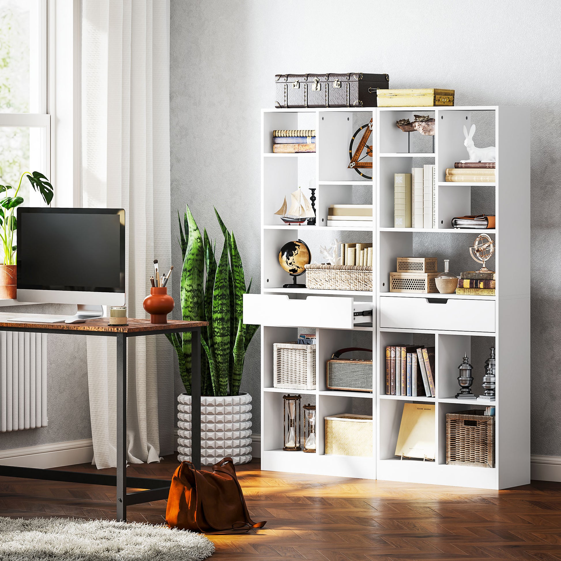 Bookshelf Shelving Unit with 9 Compartments Storage Shelf with Drawer Bookcase Office Shelf for Living Room, Bedroom, Office, White