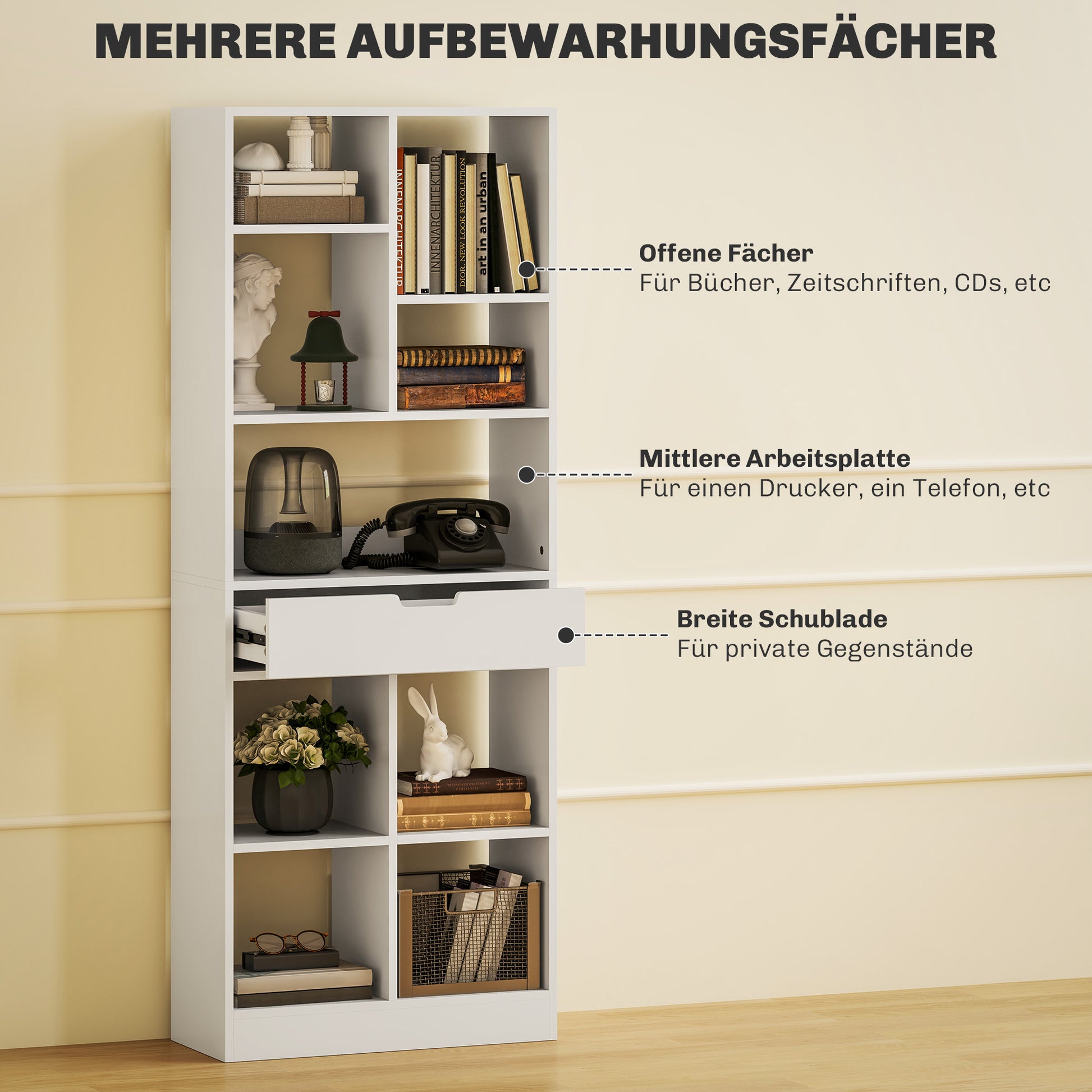 Bookshelf Shelving Unit with 9 Compartments Storage Shelf with Drawer Bookcase Office Shelf for Living Room, Bedroom, Office, White