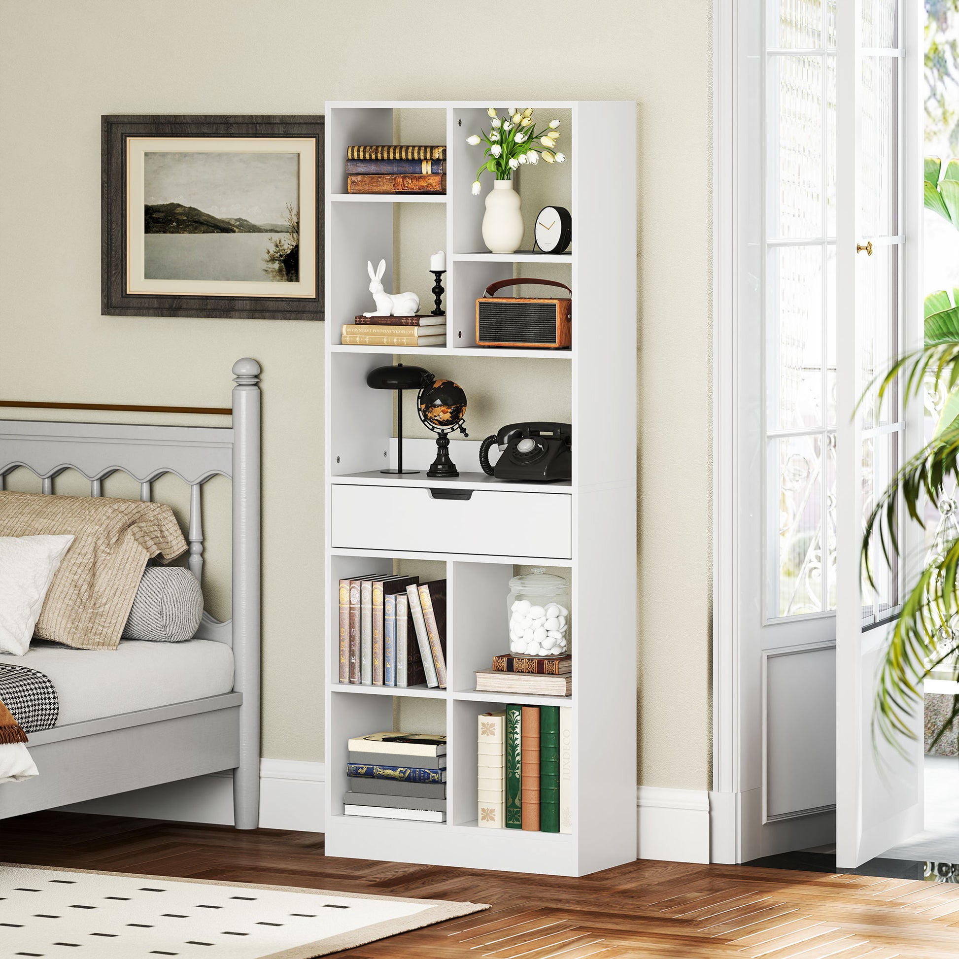Bookshelf Shelving Unit with 9 Compartments Storage Shelf with Drawer Bookcase Office Shelf for Living Room, Bedroom, Office, White