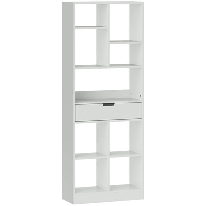 Bookshelf Shelving Unit with 9 Compartments Storage Shelf with Drawer Bookcase Office Shelf for Living Room, Bedroom, Office, White
