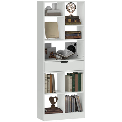 Bookshelf Shelving Unit with 9 Compartments Storage Shelf with Drawer Bookcase Office Shelf for Living Room, Bedroom, Office, White