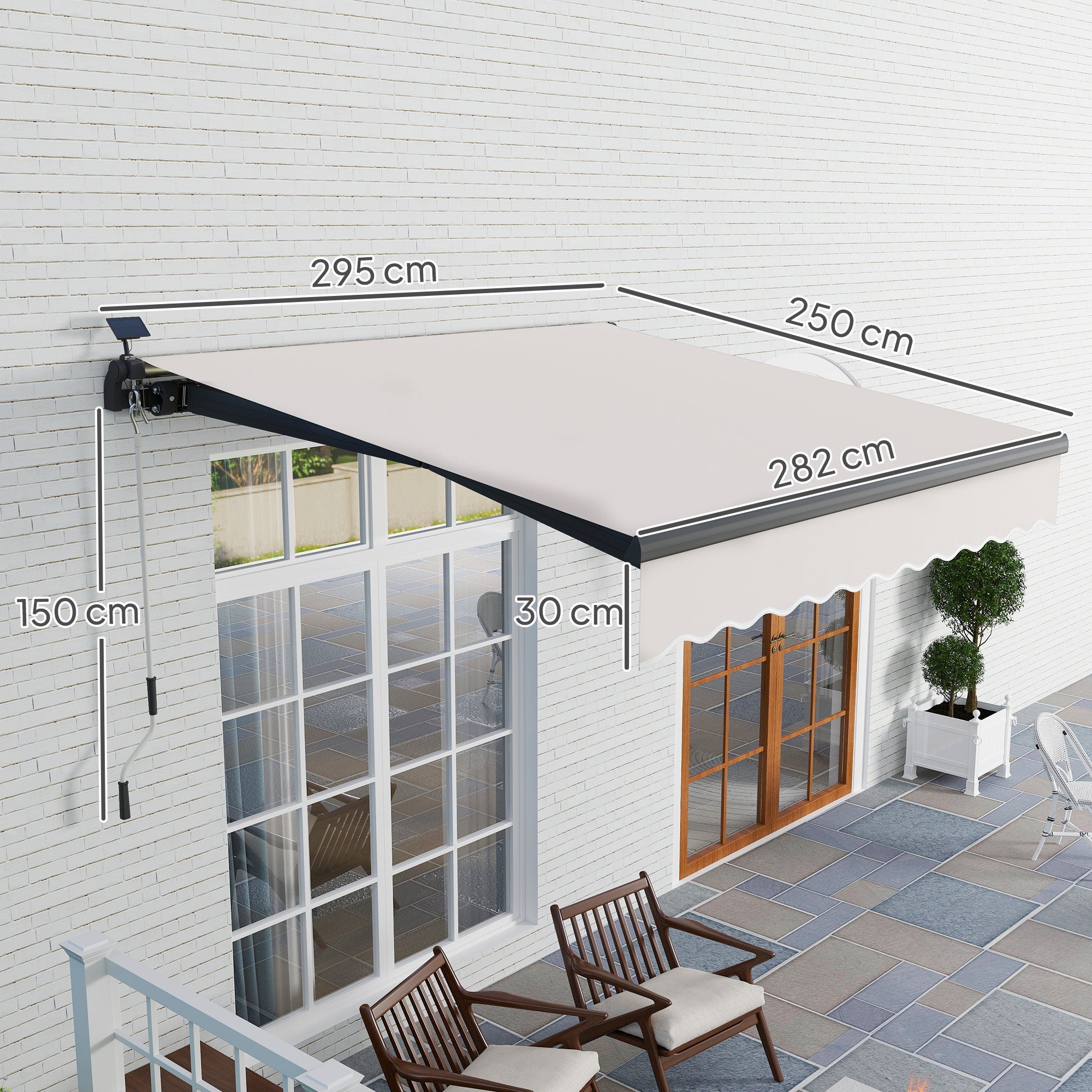 Manual Retractable Awning 3x2.5m with Solar LED Lights Awning for Balcony with Aluminum Crank and UV50+ Protection for Garden Terrace Windows Cream