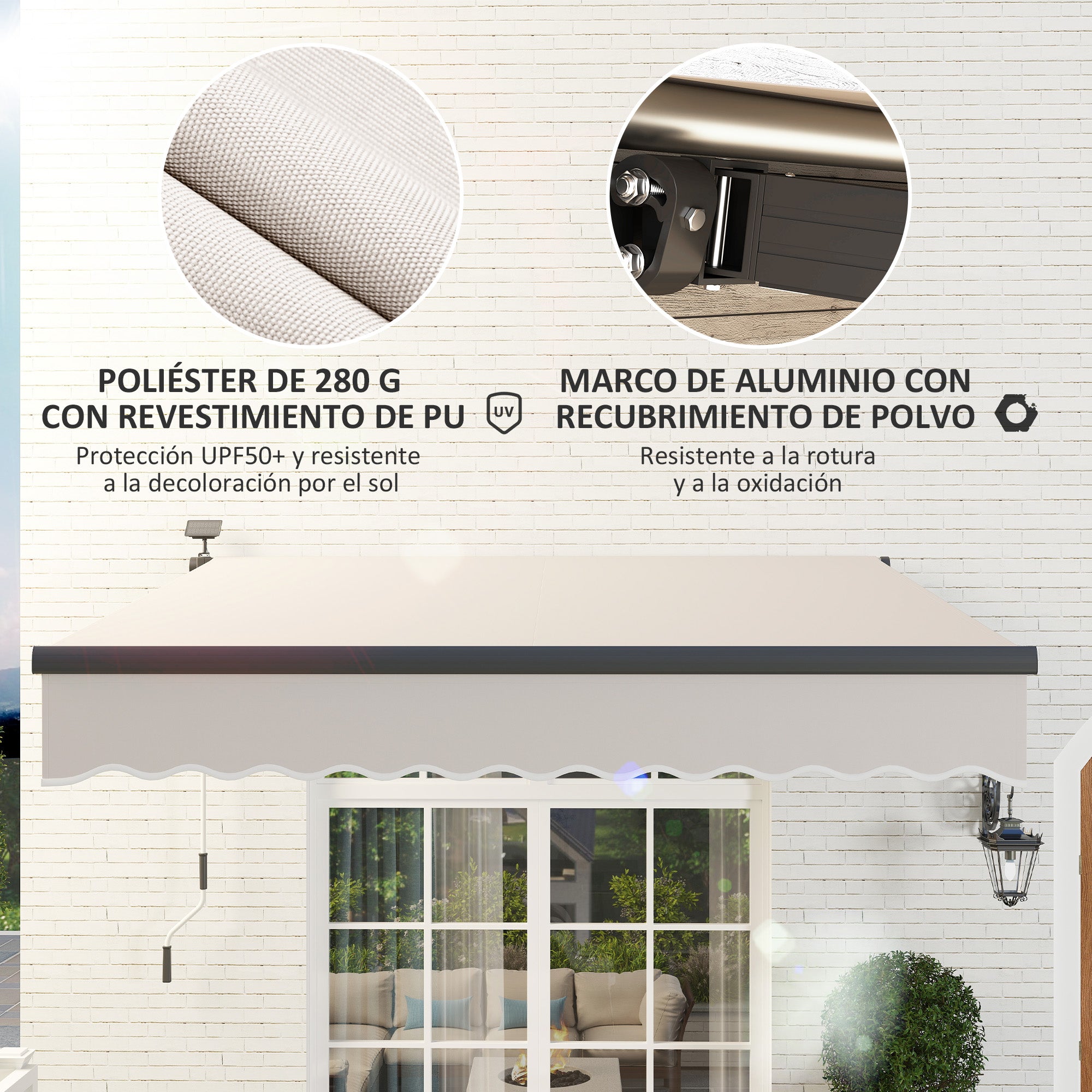 Manual Retractable Awning 3x2.5m with Solar LED Lights Awning for Balcony with Aluminum Crank and UV50+ Protection for Garden Terrace Windows Cream