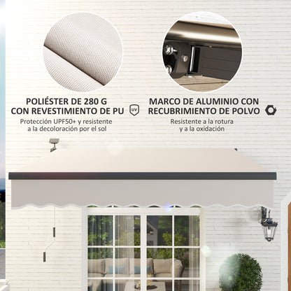 Manual Retractable Awning 3x2.5m with Solar LED Lights Awning for Balcony with Aluminum Crank and UV50+ Protection for Garden Terrace Windows Cream