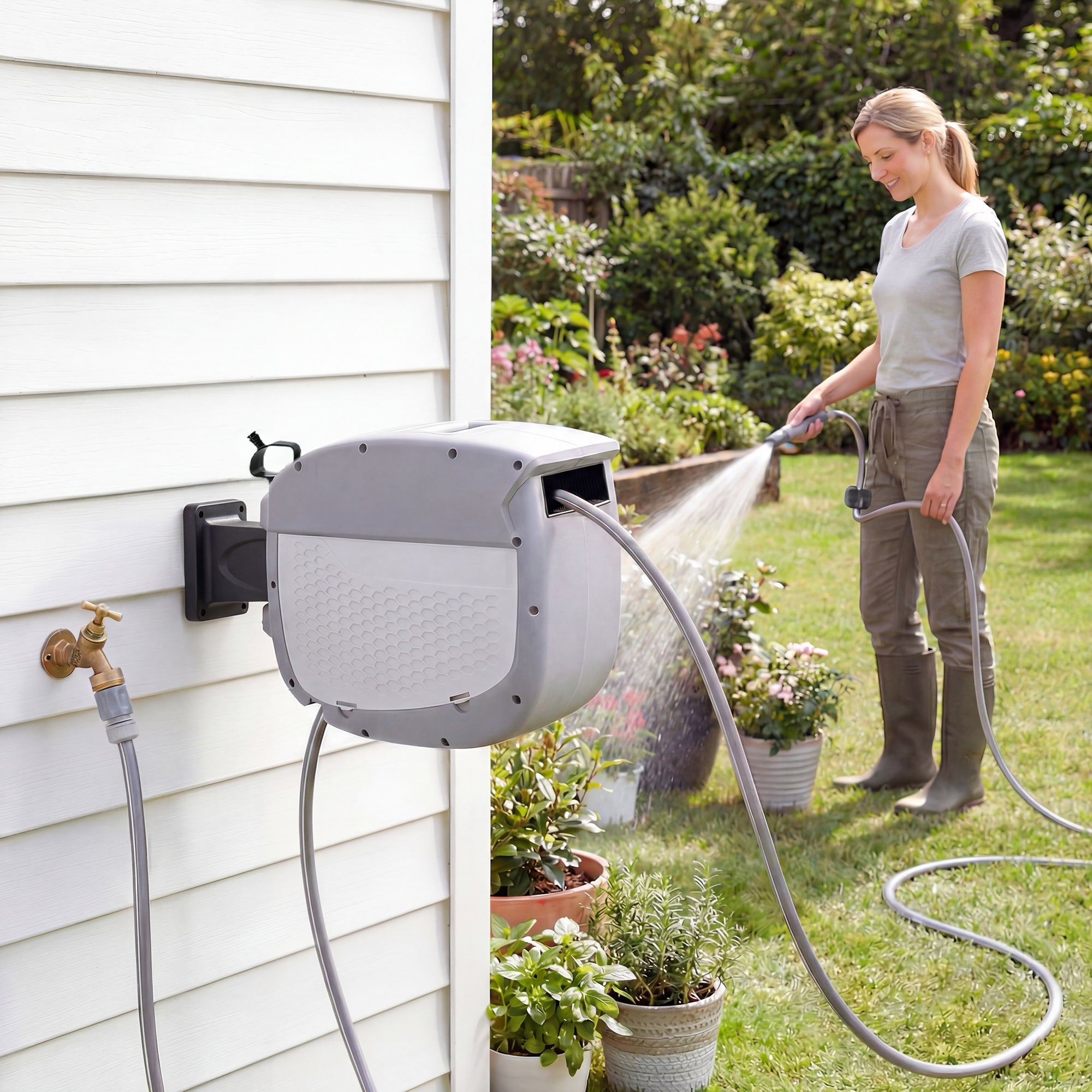 98 ft (30 m) Retractable Garden Hose Reel — 180° Swivel, Auto-Retract & Self-Locking, Wall-Mount, Gray