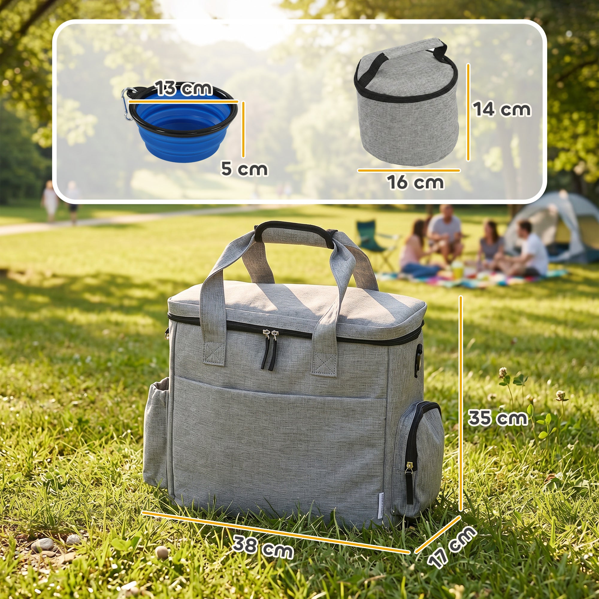 Dog Travel Treat Bag with 2 Insulated Food Containers & Collapsible Silicone Bowl, Pockets, Adjustable Divider — Portable Durable Light Gray