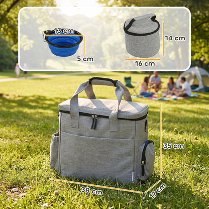 Dog Travel Treat Bag with 2 Insulated Food Containers & Collapsible Silicone Bowl, Pockets, Adjustable Divider — Portable Durable Light Gray