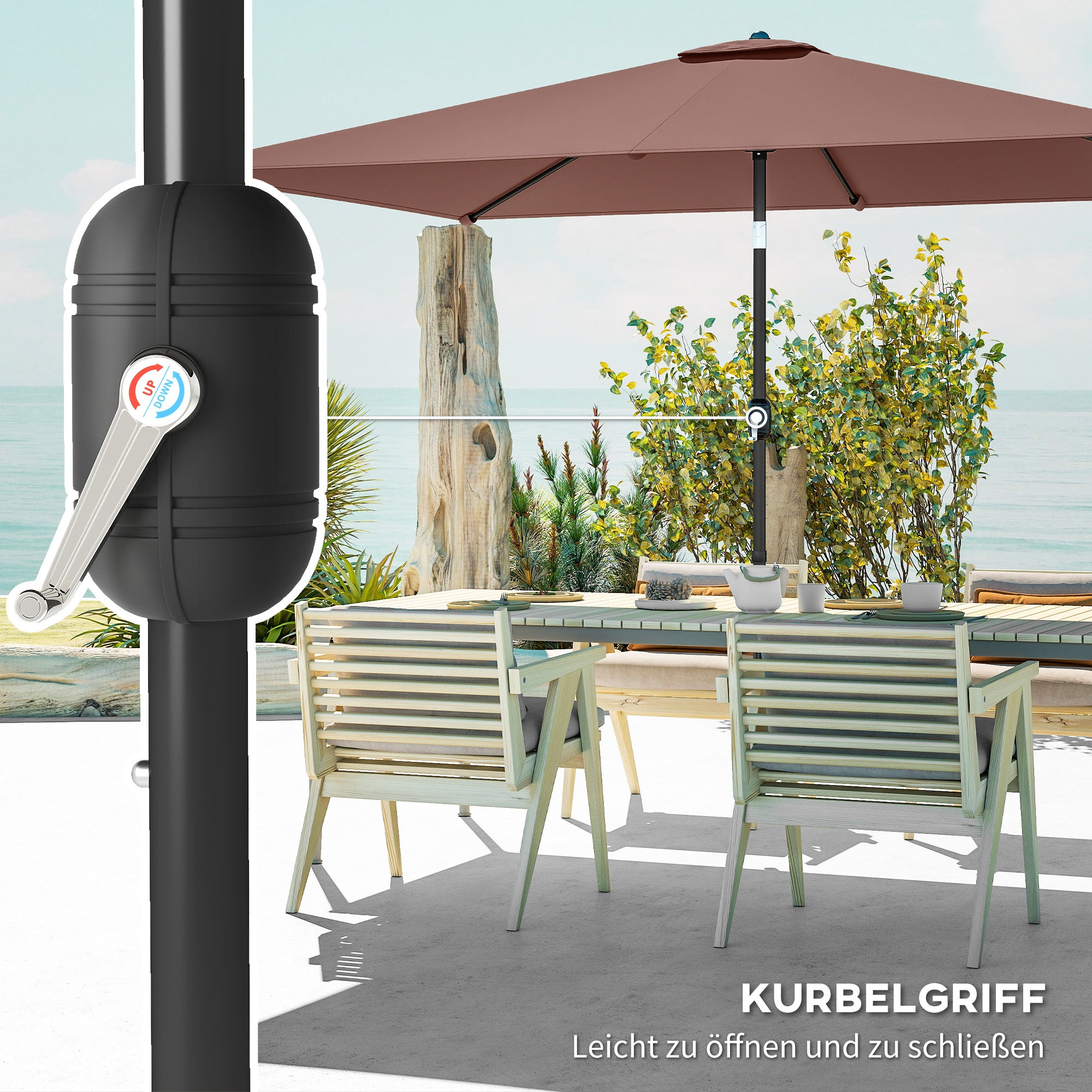 Tilt-Adjustable Rectangular Patio Umbrella 300 x 200 cm with Crank & Cover, UV Protection, Wind-Resistant — Brown