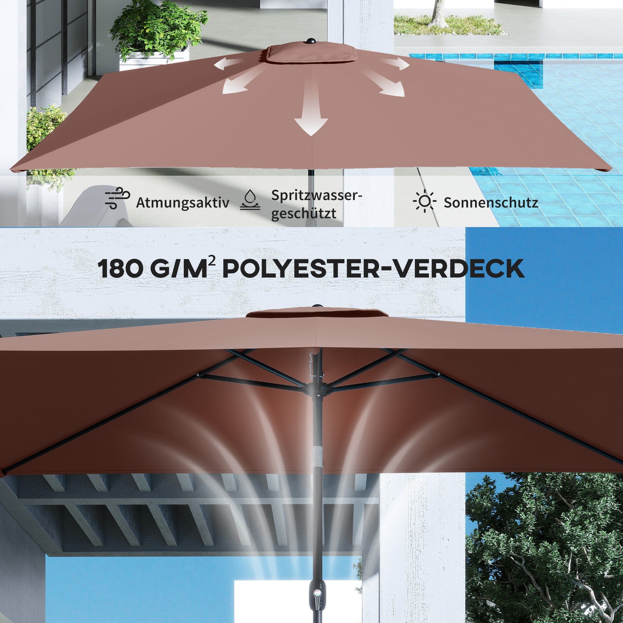 Tilt-Adjustable Rectangular Patio Umbrella 300 x 200 cm with Crank & Cover, UV Protection, Wind-Resistant — Brown