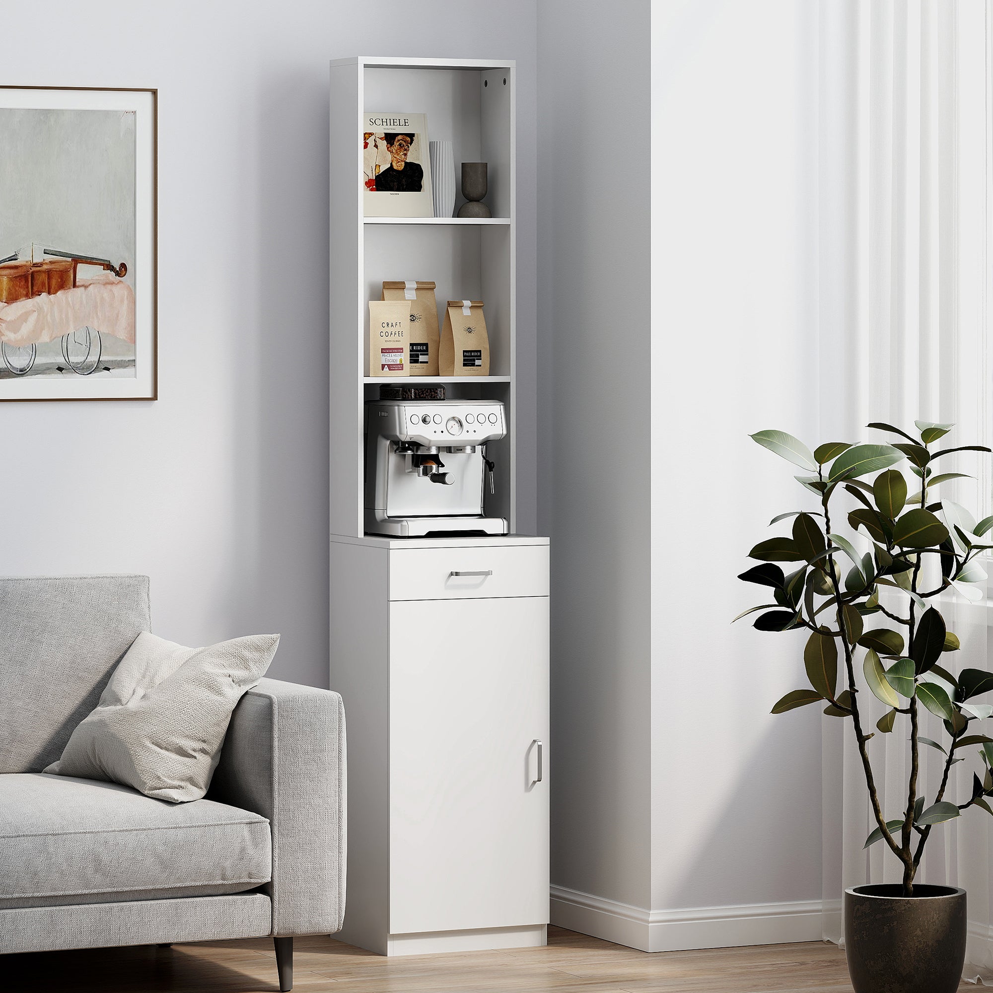 Bathroom Cabinet Tall Bathroom Cabinet Slim with Drawer, Door, Adjustable Shelves, for Bathroom, Living Room 35 x 30.5 x 179 cm White