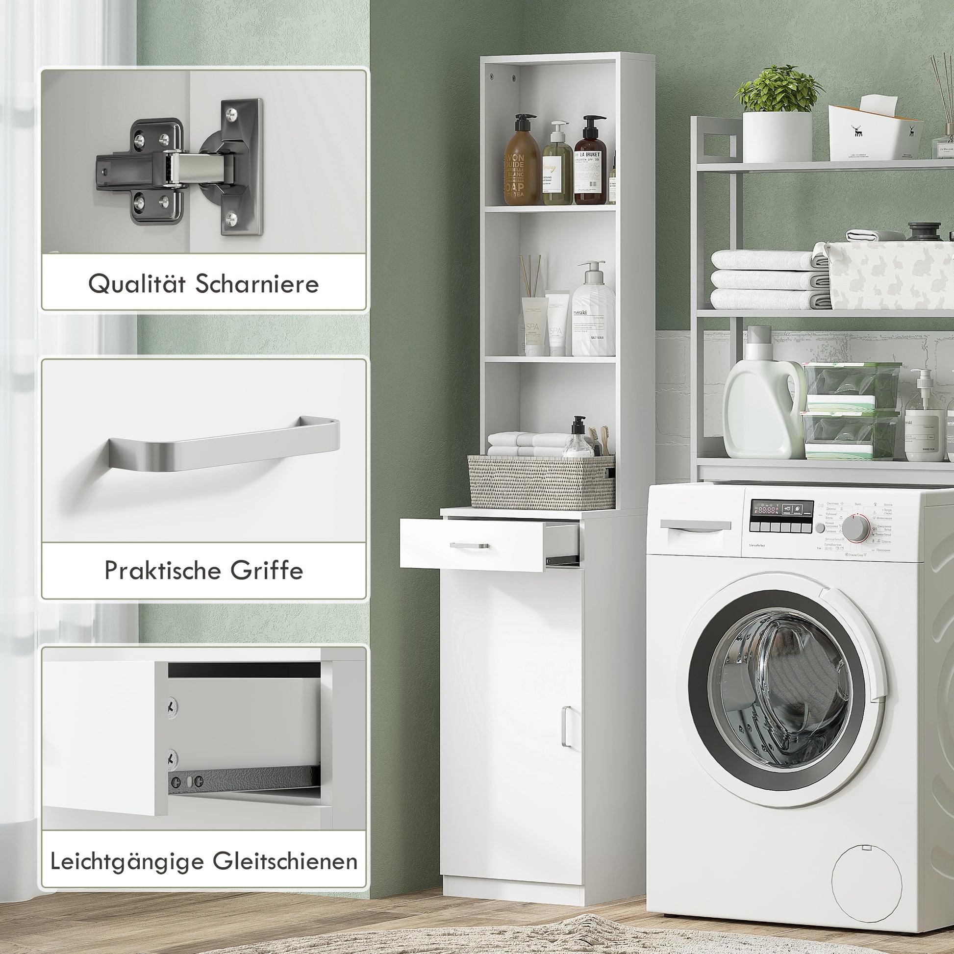 Bathroom Cabinet Tall Bathroom Cabinet Slim with Drawer, Door, Adjustable Shelves, for Bathroom, Living Room 35 x 30.5 x 179 cm White