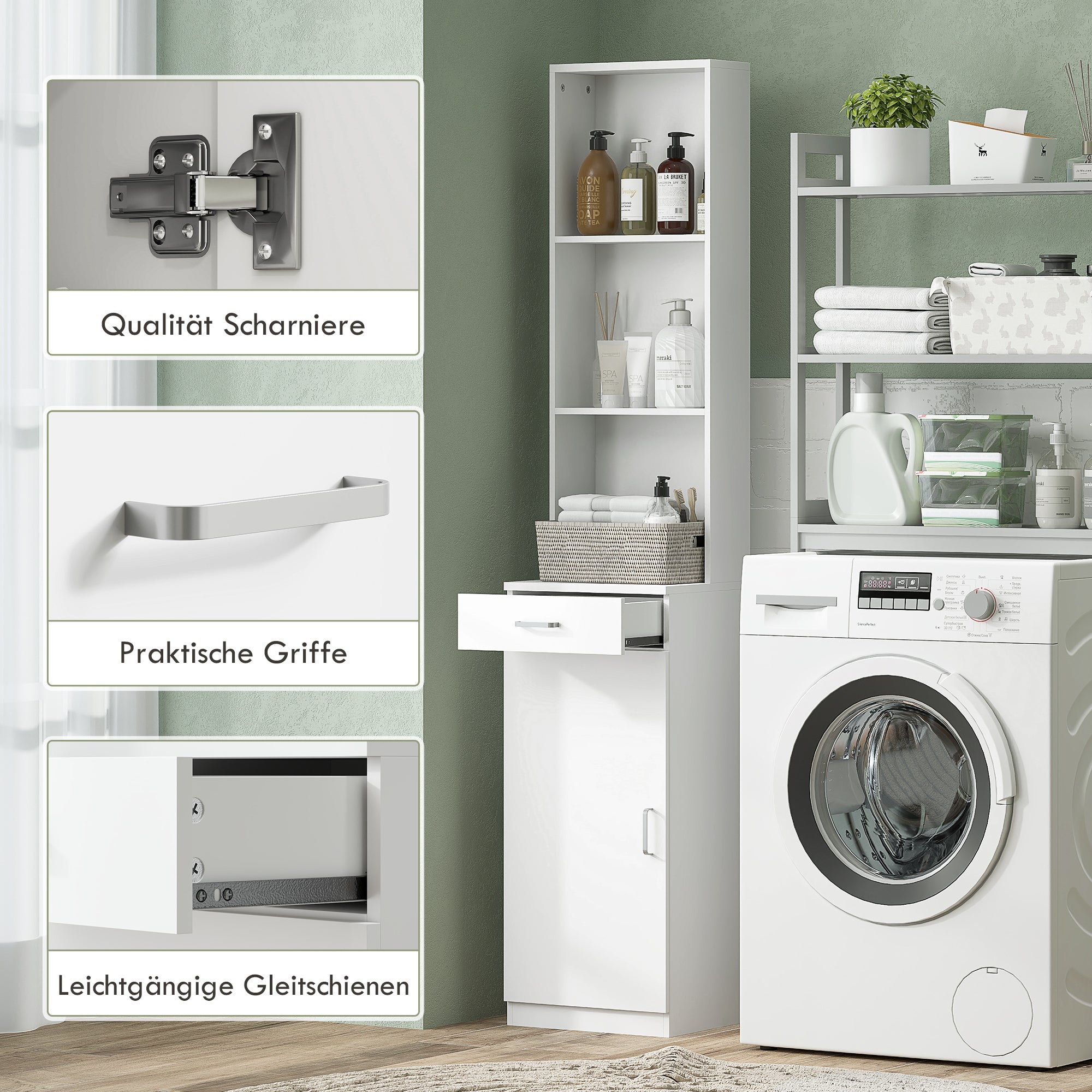 Bathroom Cabinet Tall Bathroom Cabinet Slim with Drawer, Door, Adjustable Shelves, for Bathroom, Living Room 35 x 30.5 x 179 cm White