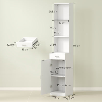 Bathroom Cabinet Tall Bathroom Cabinet Slim with Drawer, Door, Adjustable Shelves, for Bathroom, Living Room 35 x 30.5 x 179 cm White