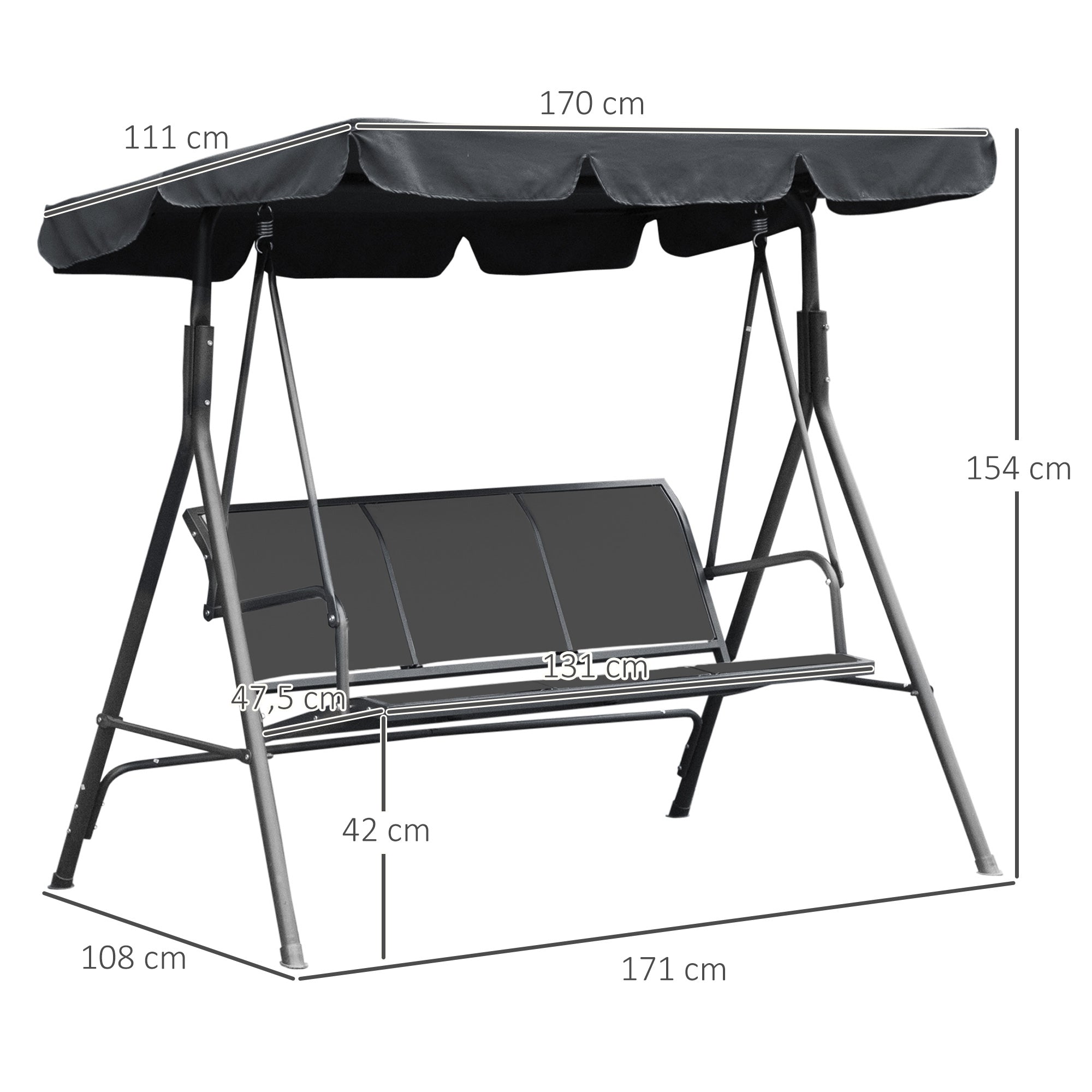 3-Seater Comfortable Garden Swing Waterproof Adjustable Canopy Ergonomic Seat and Backrest Steel Textilene Grey