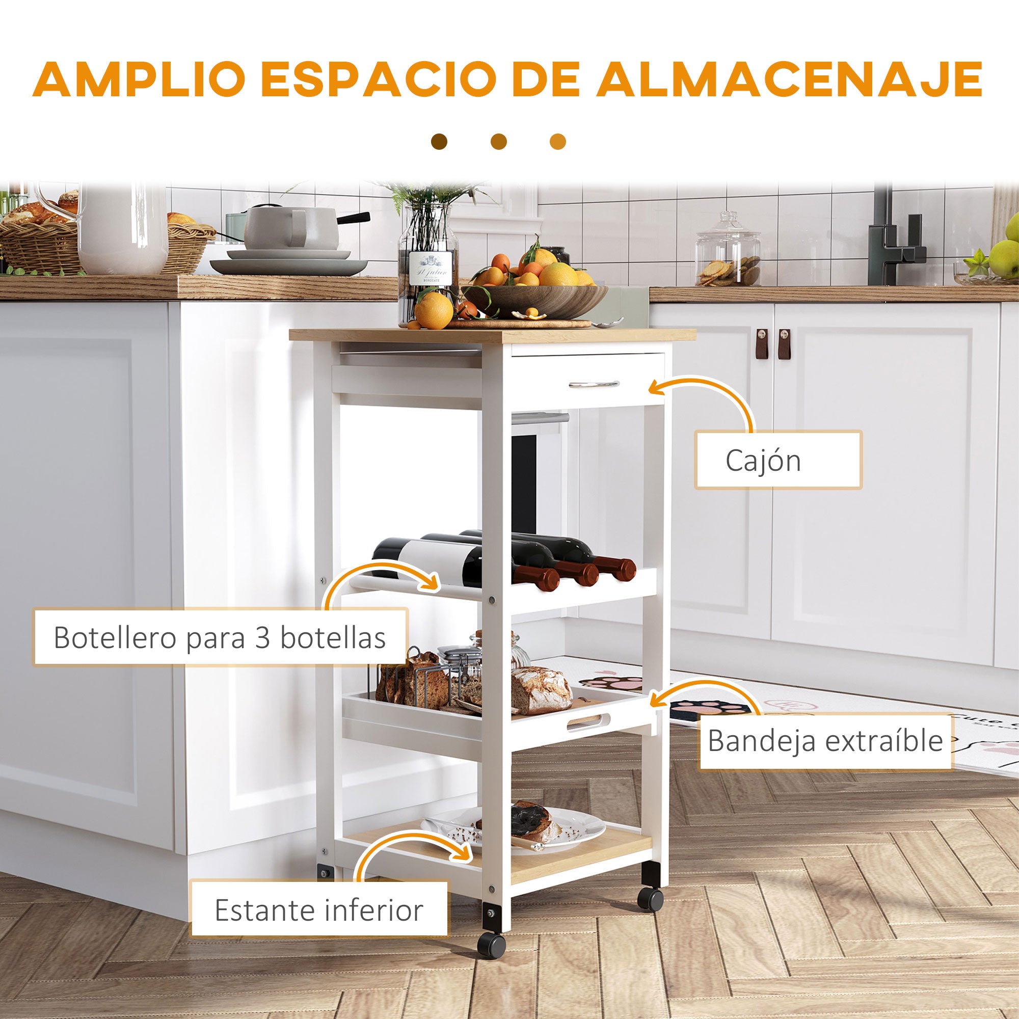 Kitchen Cart 4-Level Serving Cart with Wheels Drawer Shelves Wine Rack Storage for Kitchen Living Room Dining Room 37x37x76 cm White