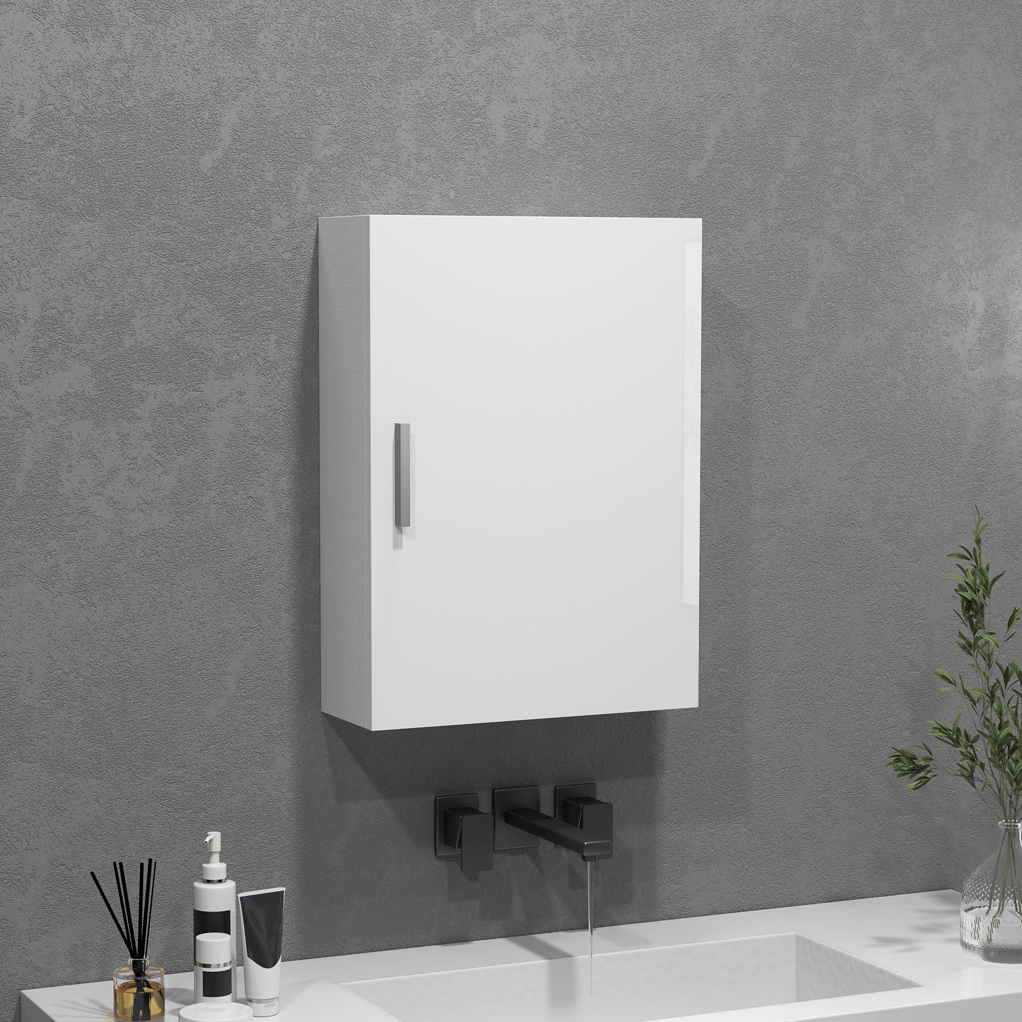 Wall Bathroom Cabinet with 1 Door, Bathroom Wall Shelf with 3 Adjustable Glass Shelves on 3 Levels, Suspended Bathroom Cabinet in Wood, 40x15x55 cm, Glossy White