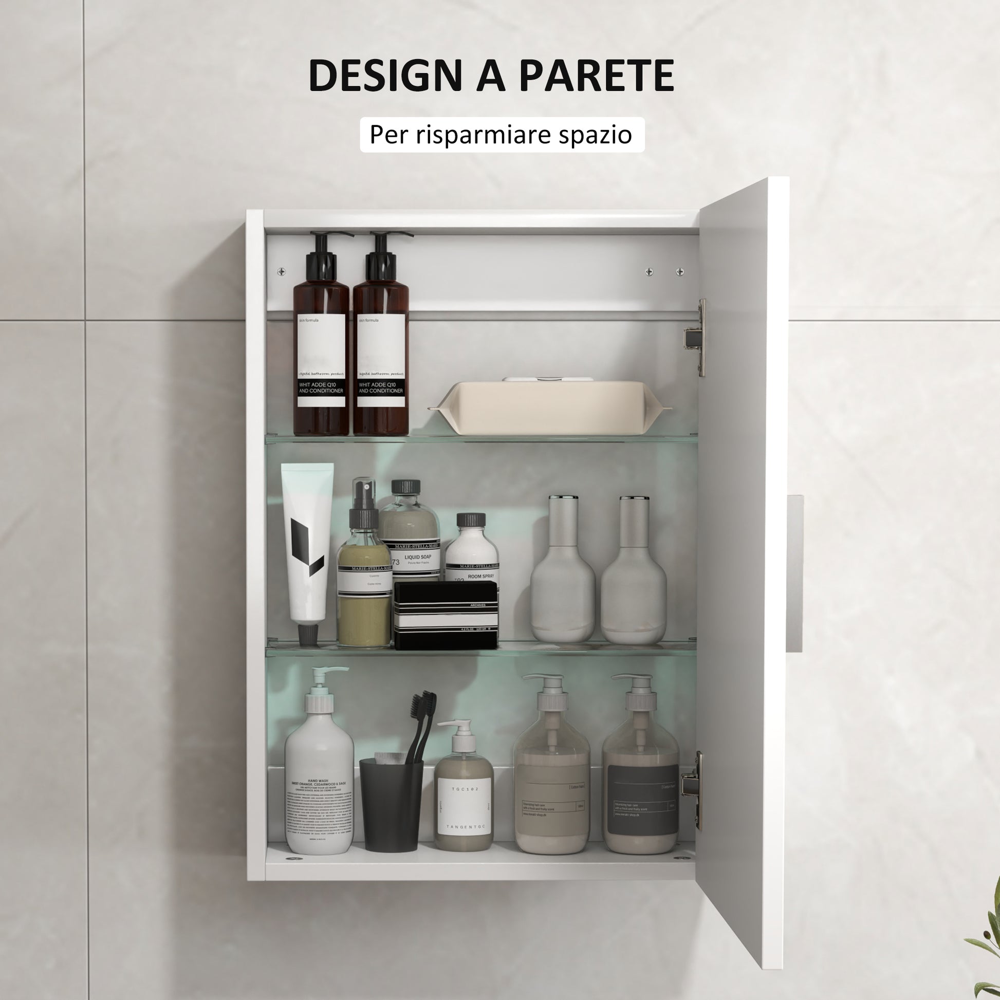 Wall Bathroom Cabinet with 1 Door, Bathroom Wall Shelf with 3 Adjustable Glass Shelves on 3 Levels, Suspended Bathroom Cabinet in Wood, 40x15x55 cm, Glossy White