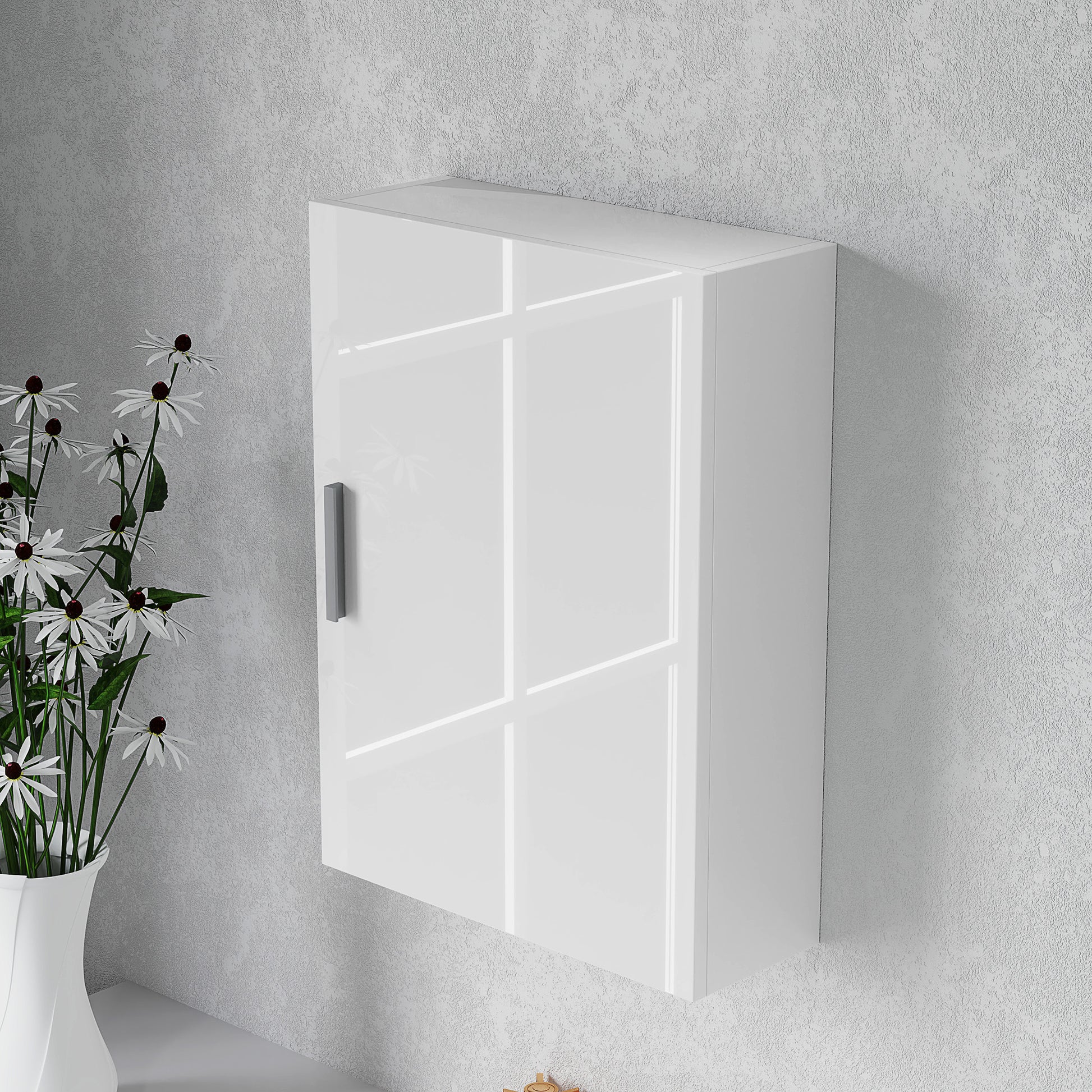 Wall Bathroom Cabinet with 1 Door, Bathroom Wall Shelf with 3 Adjustable Glass Shelves on 3 Levels, Suspended Bathroom Cabinet in Wood, 40x15x55 cm, Glossy White