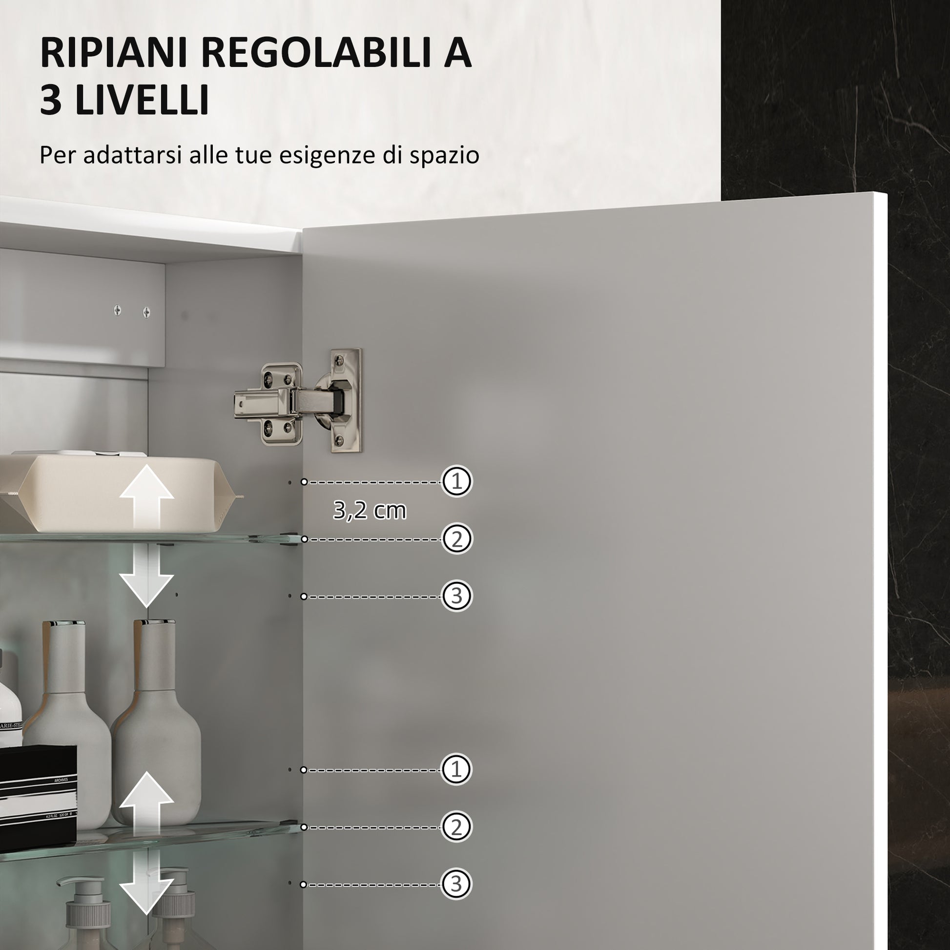 Wall Bathroom Cabinet with 1 Door, Bathroom Wall Shelf with 3 Adjustable Glass Shelves on 3 Levels, Suspended Bathroom Cabinet in Wood, 40x15x55 cm, Glossy White