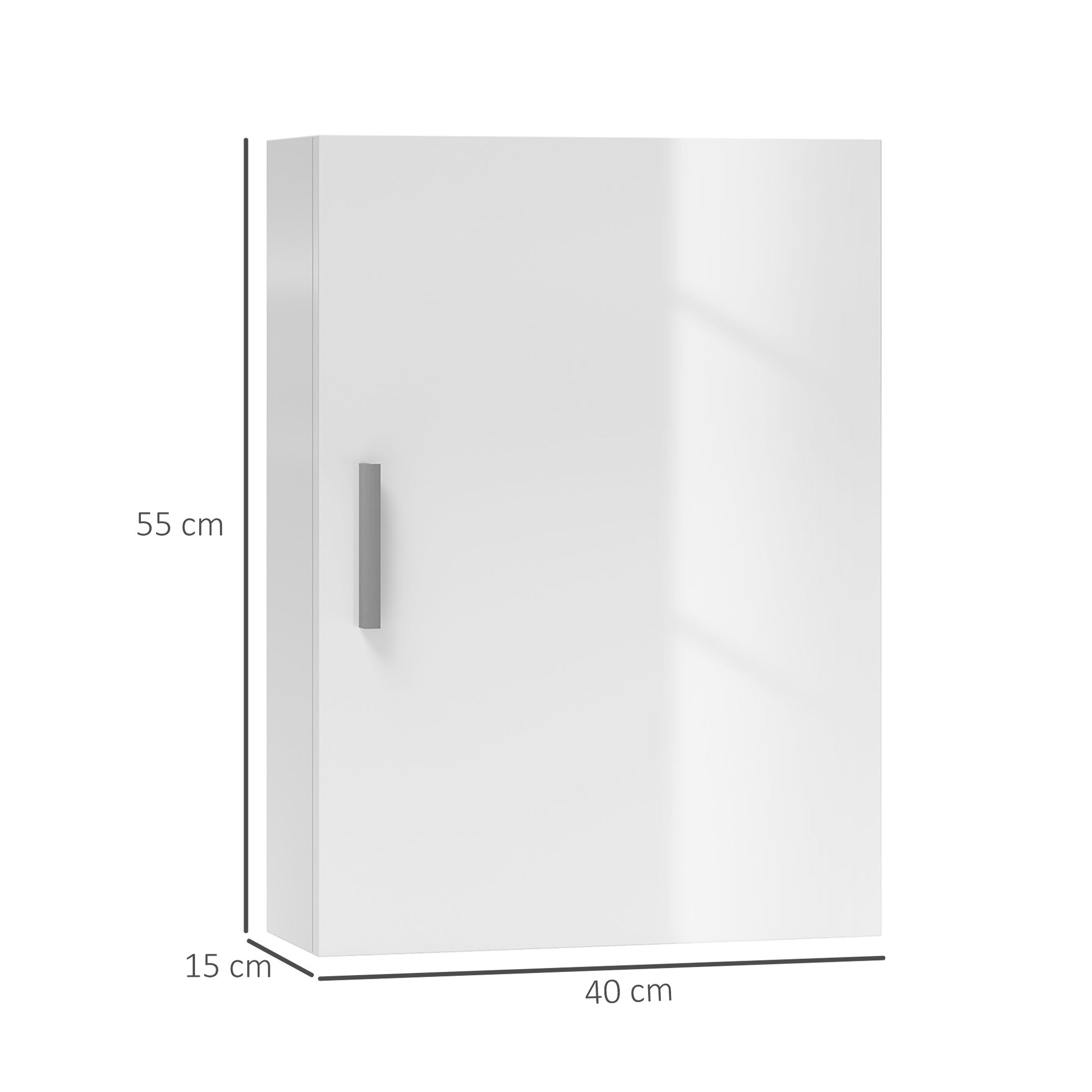 Wall Bathroom Cabinet with 1 Door, Bathroom Wall Shelf with 3 Adjustable Glass Shelves on 3 Levels, Suspended Bathroom Cabinet in Wood, 40x15x55 cm, Glossy White