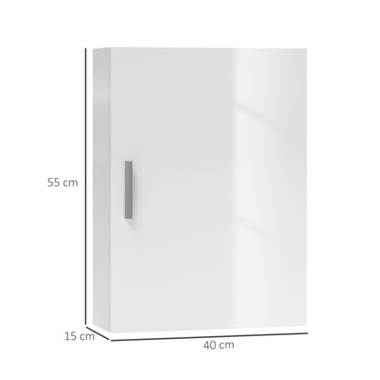 Wall Bathroom Cabinet with 1 Door, Bathroom Wall Shelf with 3 Adjustable Glass Shelves on 3 Levels, Suspended Bathroom Cabinet in Wood, 40x15x55 cm, Glossy White