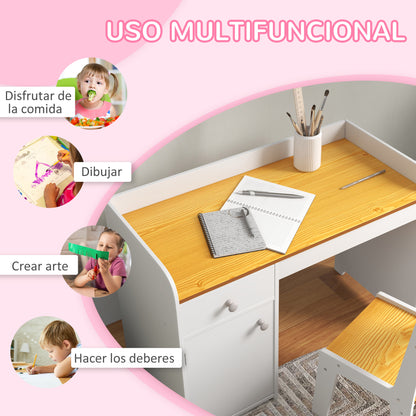 ZONEKIZ 2-Piece Desk Set Children's Desk includes Chair and Table with Drawer and Cabinet for Bedroom White and Natural