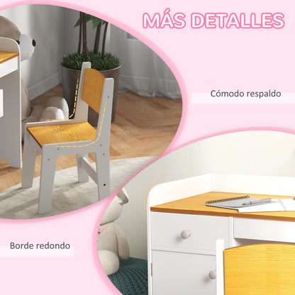 ZONEKIZ 2-Piece Desk Set Children's Desk includes Chair and Table with Drawer and Cabinet for Bedroom White and Natural