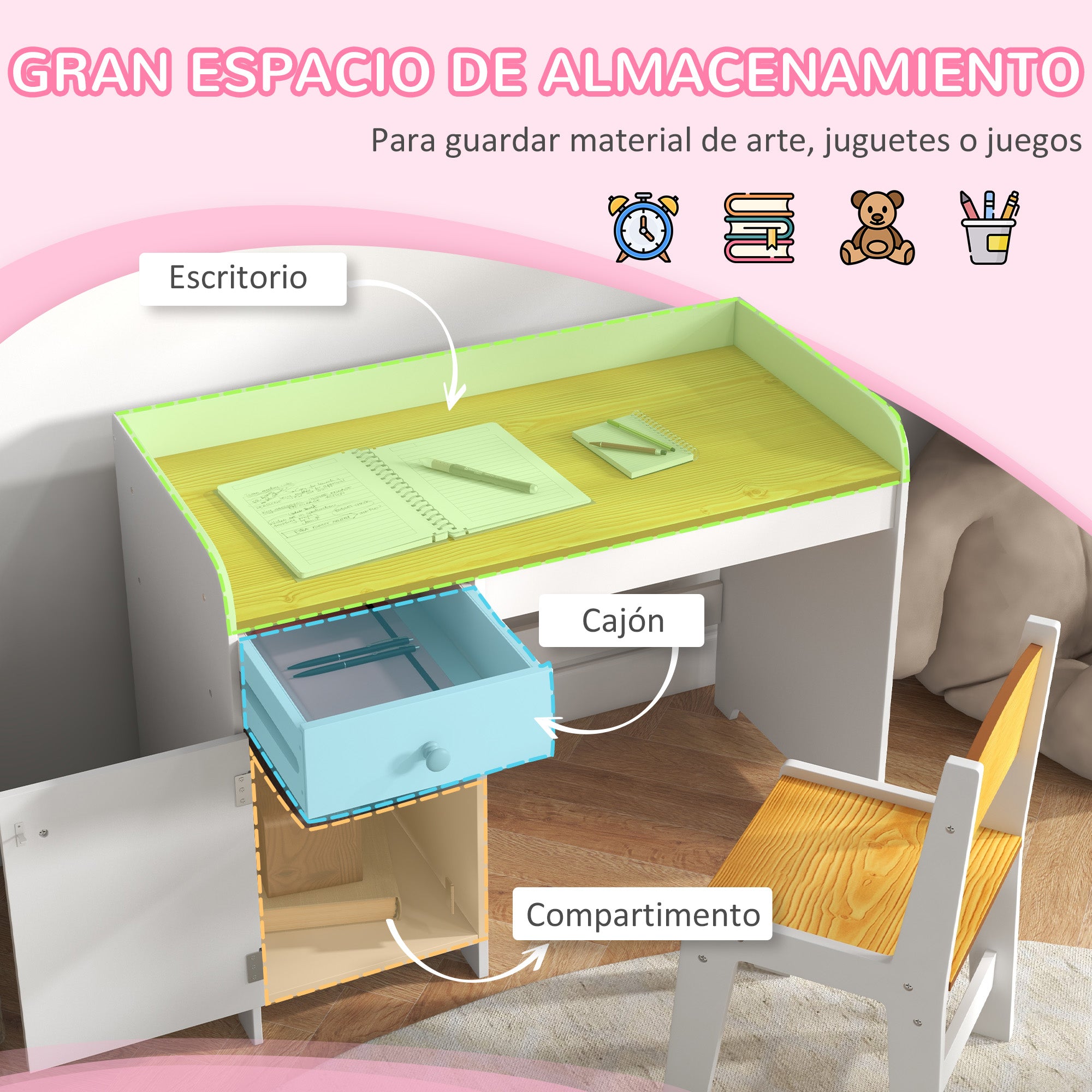 ZONEKIZ 2-Piece Desk Set Children's Desk includes Chair and Table with Drawer and Cabinet for Bedroom White and Natural