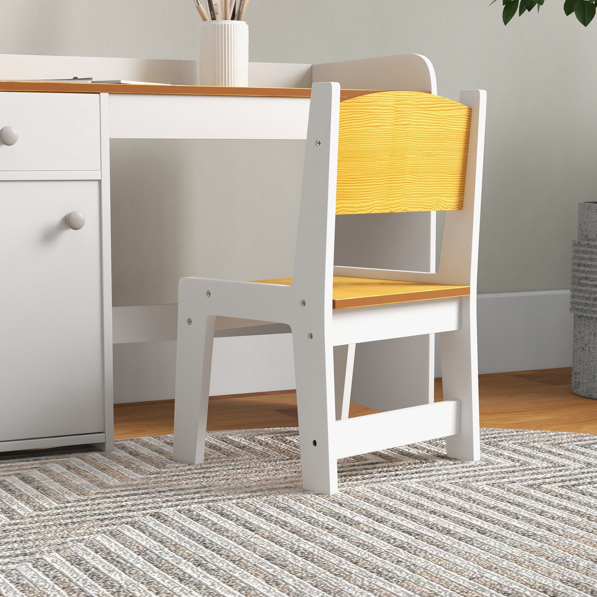 ZONEKIZ 2-Piece Desk Set Children's Desk includes Chair and Table with Drawer and Cabinet for Bedroom White and Natural