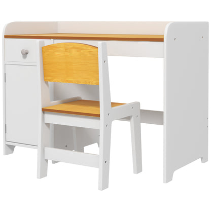 ZONEKIZ 2-Piece Desk Set Children's Desk includes Chair and Table with Drawer and Cabinet for Bedroom White and Natural