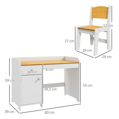 ZONEKIZ 2-Piece Desk Set Children's Desk includes Chair and Table with Drawer and Cabinet for Bedroom White and Natural