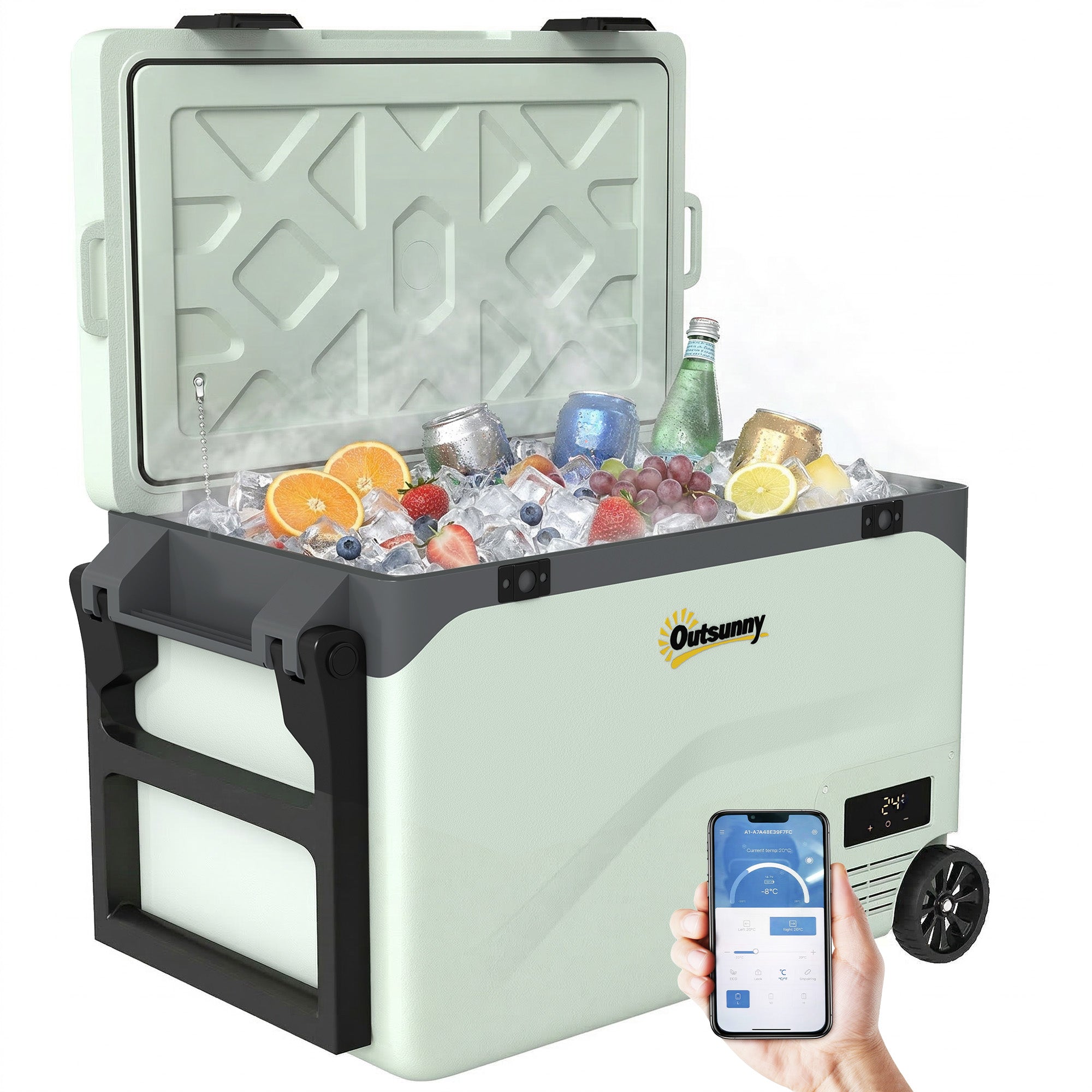 42.5L Portable Electric Cooler (12/24/240V) — Compressor Fridge/Freezer, Bluetooth App, LED Display, ECO & MAX Modes, Handle, Phone Holder, Wheels (Green/Black)