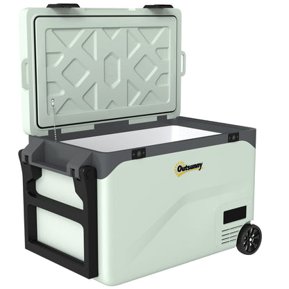 42.5L Portable Electric Cooler (12/24/240V) — Compressor Fridge/Freezer, Bluetooth App, LED Display, ECO & MAX Modes, Handle, Phone Holder, Wheels (Green/Black)