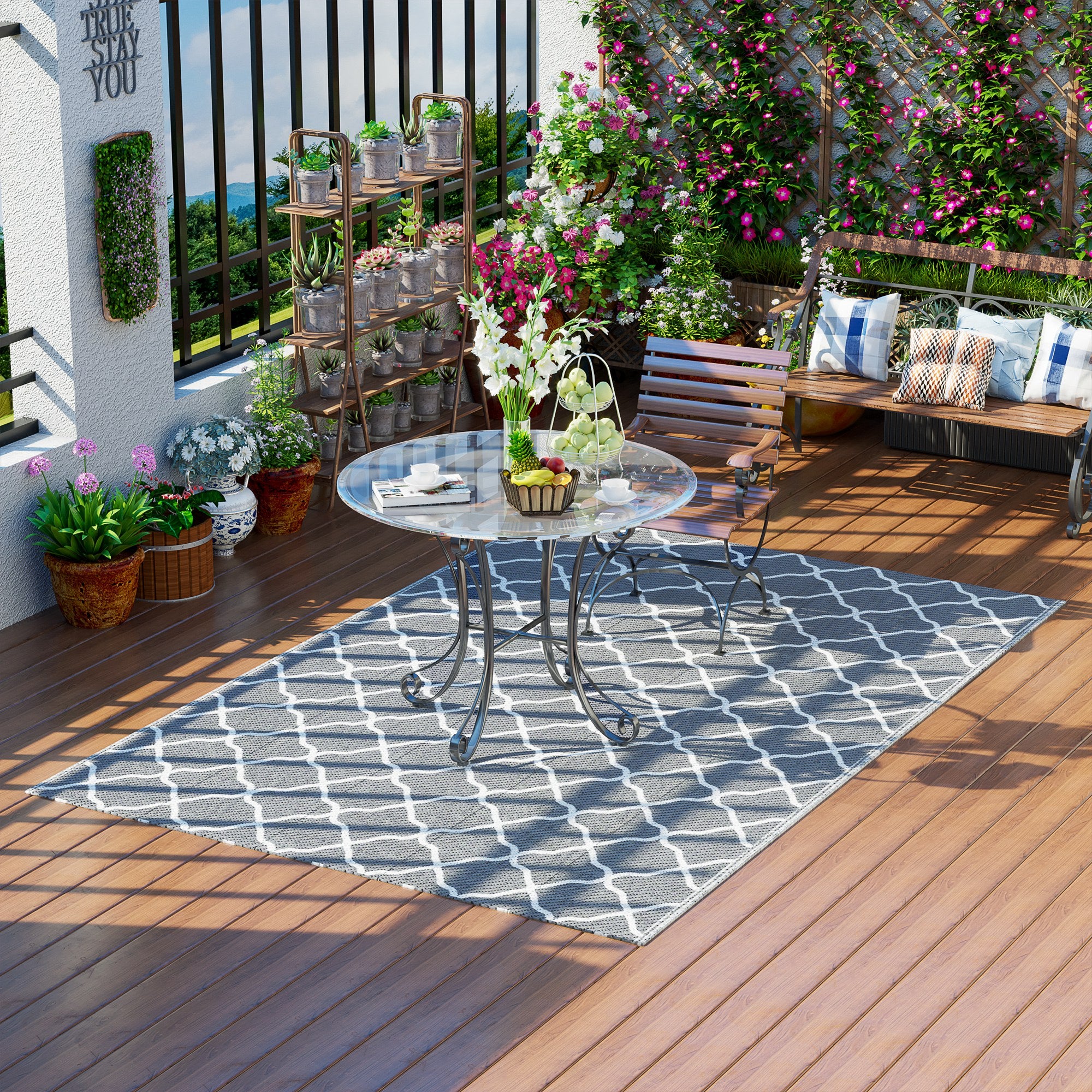 Outdoor Rug 182x274 cm Reversible Rug with Geometric Pattern Waterproof for Terrace Balcony Patio Camping Beach Gray and White