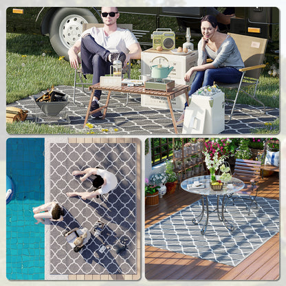Outdoor Rug 182x274 cm Reversible Rug with Geometric Pattern Waterproof for Terrace Balcony Patio Camping Beach Gray and White