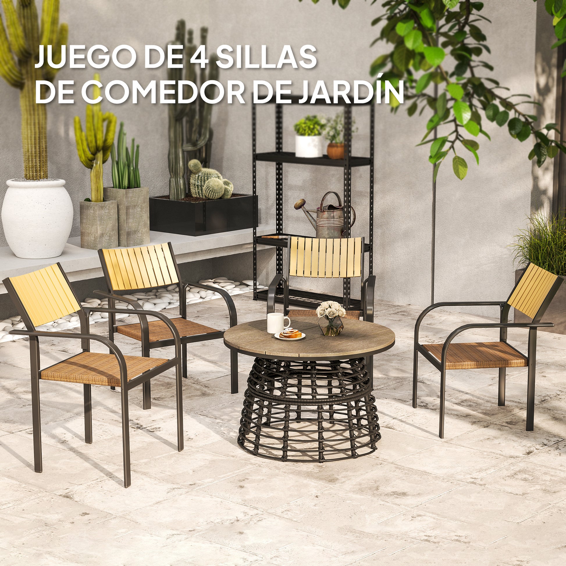 Set of 4 Outdoor Garden Chairs Terrace Stackable Chairs Dining Chair with Breathable Fabric Steel Frame Armrests and Backrest 58x65x85 cm Brown