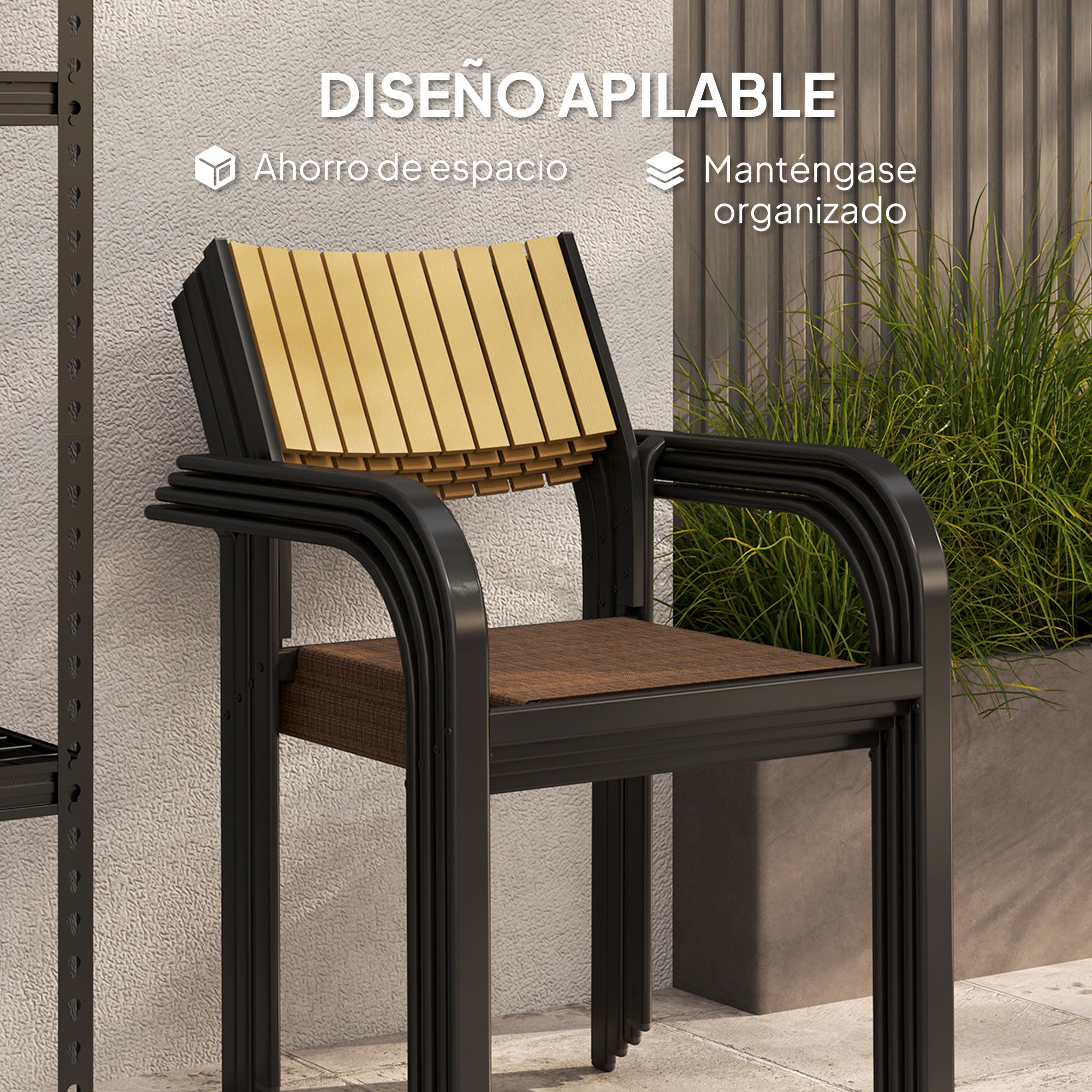 Set of 4 Outdoor Garden Chairs Terrace Stackable Chairs Dining Chair with Breathable Fabric Steel Frame Armrests and Backrest 58x65x85 cm Brown