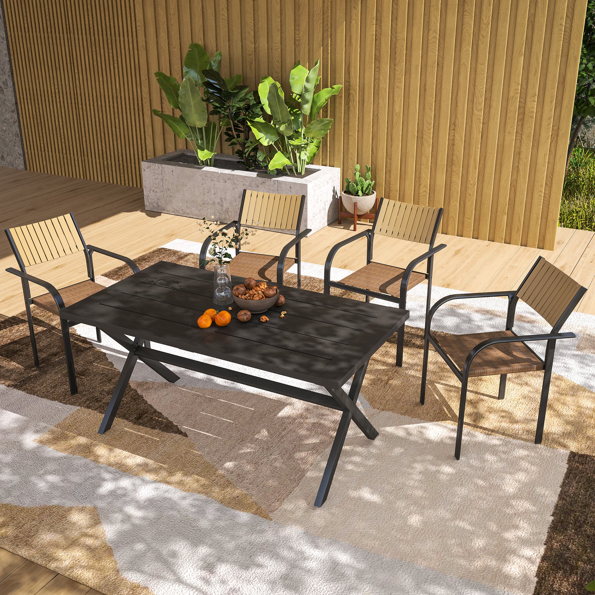 Set of 4 Outdoor Garden Chairs Terrace Stackable Chairs Dining Chair with Breathable Fabric Steel Frame Armrests and Backrest 58x65x85 cm Brown