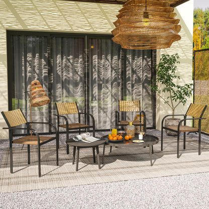 Set of 4 Outdoor Garden Chairs Terrace Stackable Chairs Dining Chair with Breathable Fabric Steel Frame Armrests and Backrest 58x65x85 cm Brown