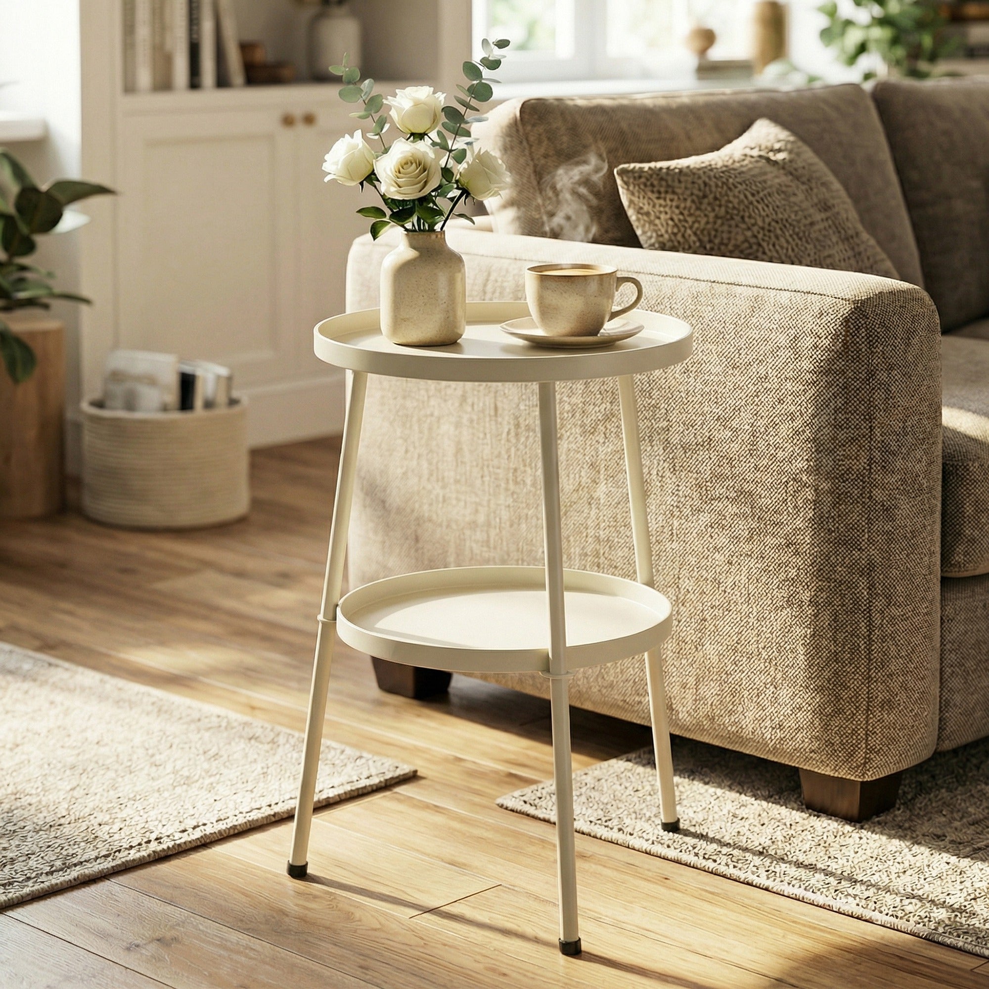 Round Patio Side Table Ø36 cm (14.2 in) – Metal Balcony & Camping Table, Cream White
