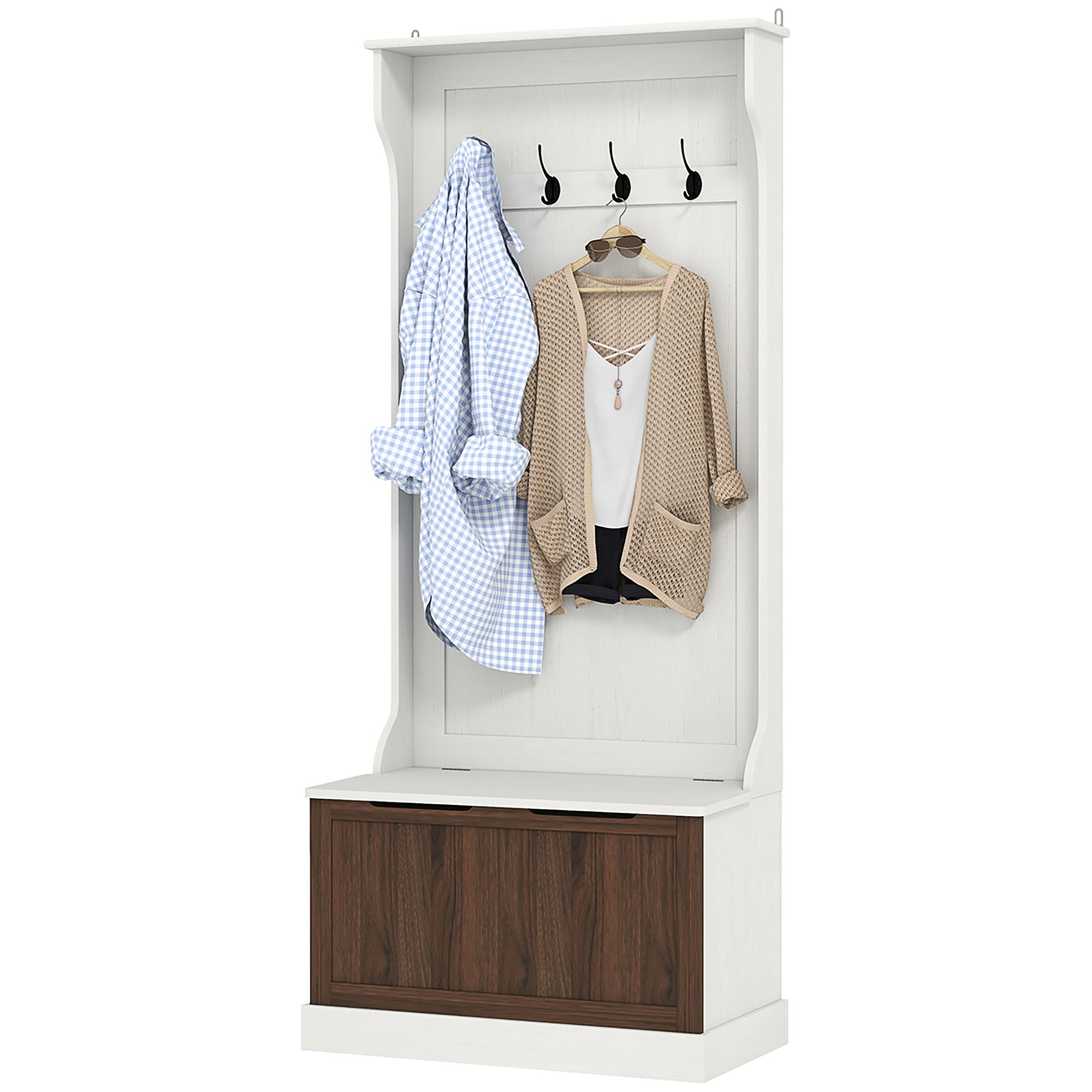 3 in 1 Entryway Coat Rack with Shoe Storage Bench, Space-Saving Floor Coat Rack with 4 Hooks and Storage Bench, in MDF, for Hallway, Bedroom, 71.5x39.5x170 cm, White and Brown