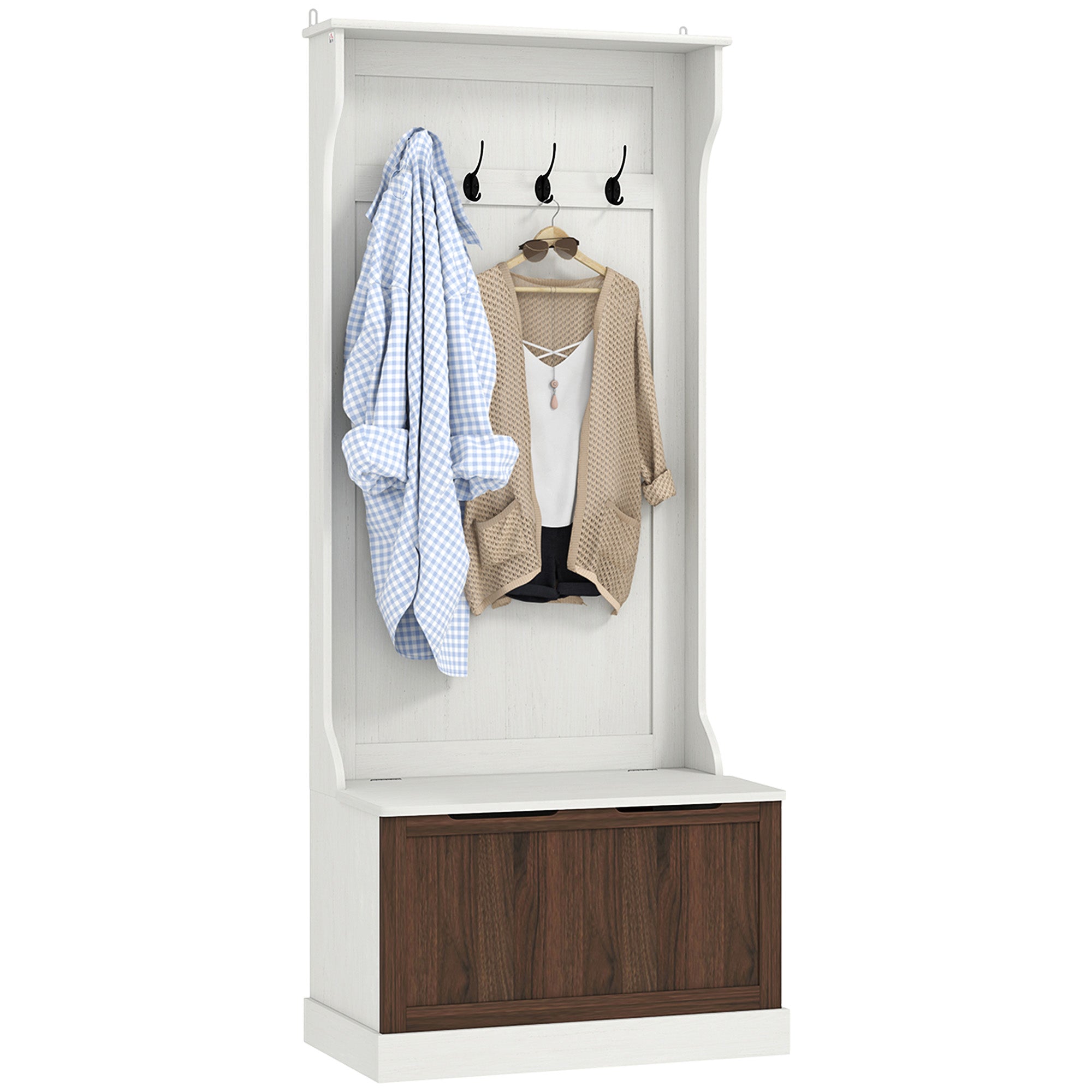 3 in 1 Entryway Coat Rack with Shoe Storage Bench, Space-Saving Floor Coat Rack with 4 Hooks and Storage Bench, in MDF, for Hallway, Bedroom, 71.5x39.5x170 cm, White and Brown
