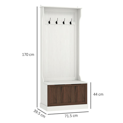 3 in 1 Entryway Coat Rack with Shoe Storage Bench, Space-Saving Floor Coat Rack with 4 Hooks and Storage Bench, in MDF, for Hallway, Bedroom, 71.5x39.5x170 cm, White and Brown
