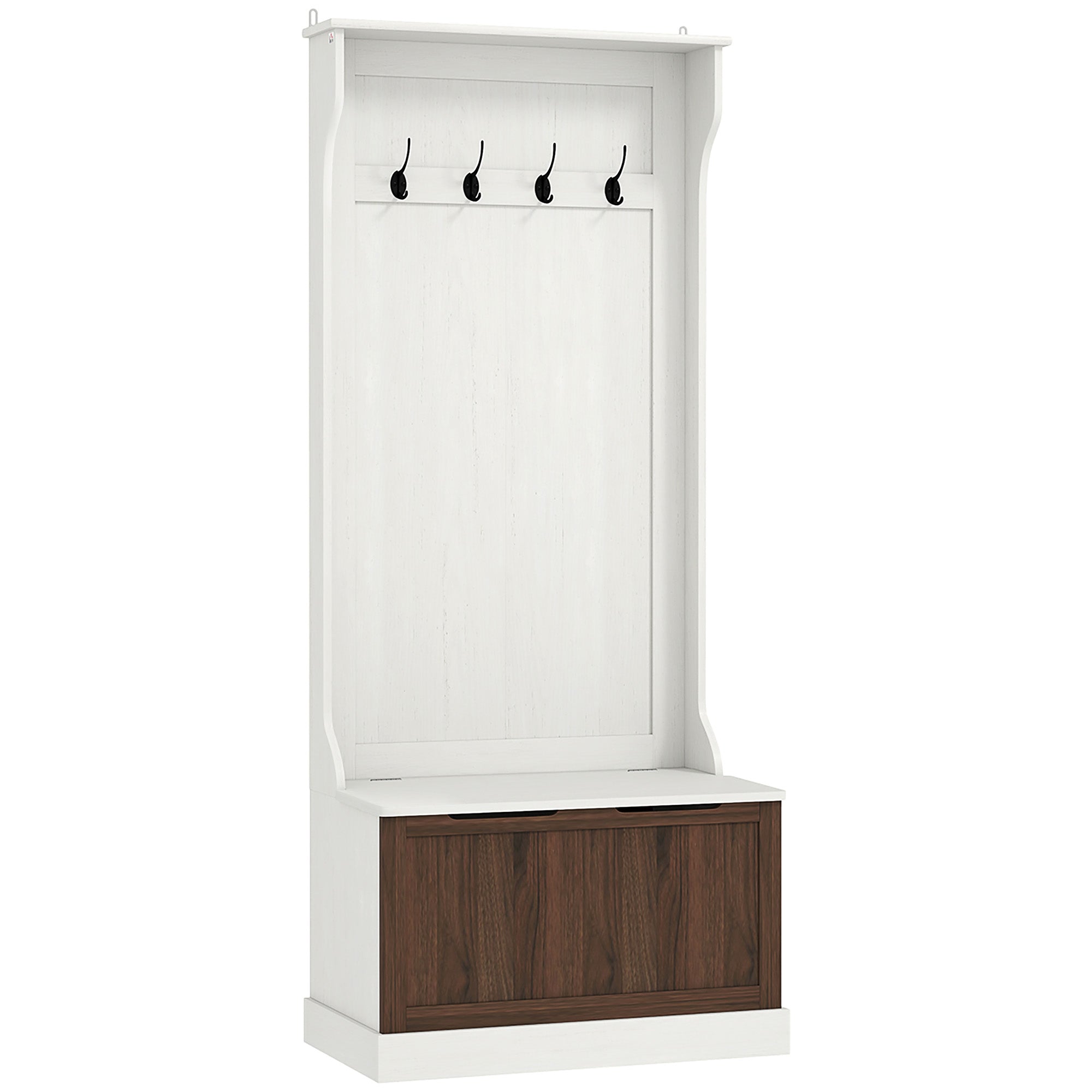 3 in 1 Entryway Coat Rack with Shoe Storage Bench, Space-Saving Floor Coat Rack with 4 Hooks and Storage Bench, in MDF, for Hallway, Bedroom, 71.5x39.5x170 cm, White and Brown